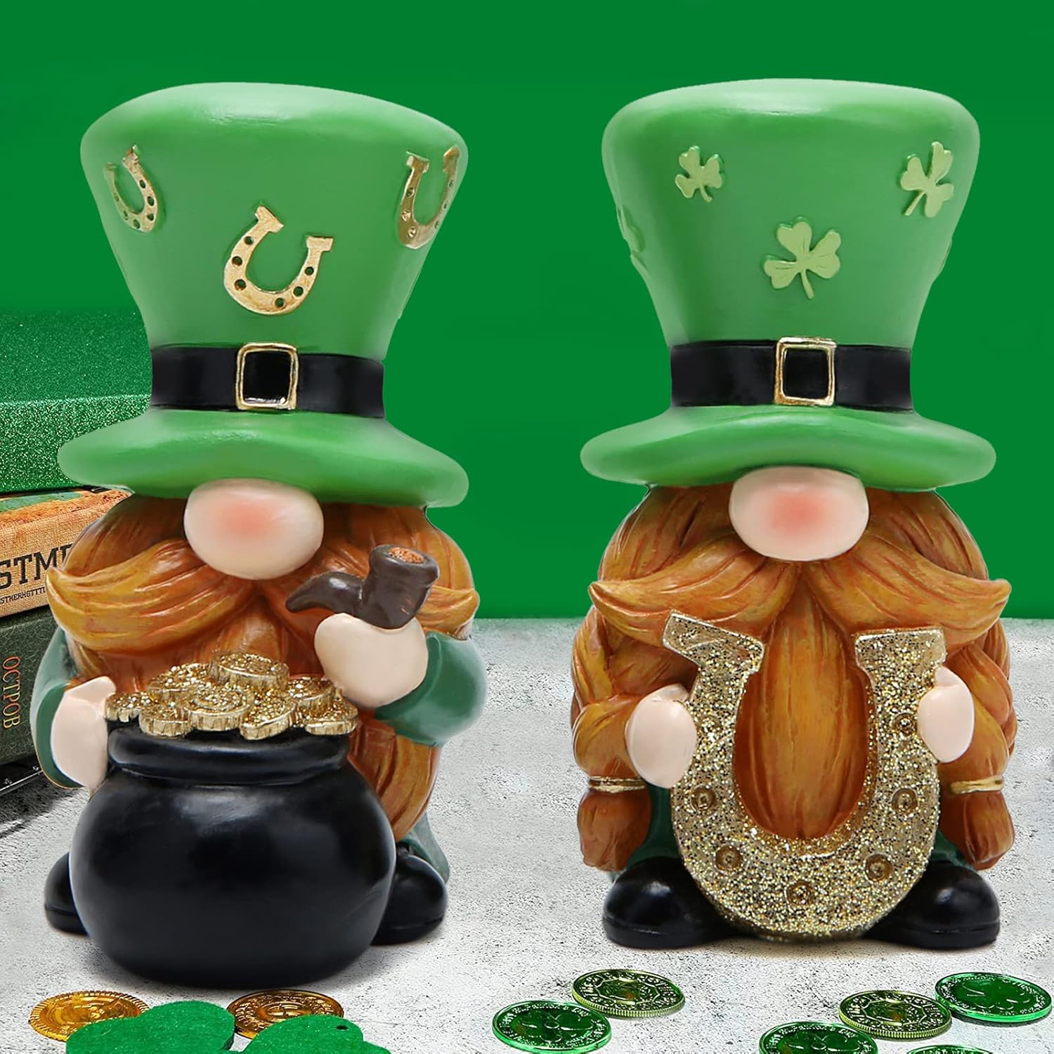 Hodao 2 PCS Spring St Patricks Day Gnomes Decorations Beard Elf Decor Home Table Ornament Decor Dwarf Figurines for St. Patricks Day Gifts Green Irish Gnome Decorations