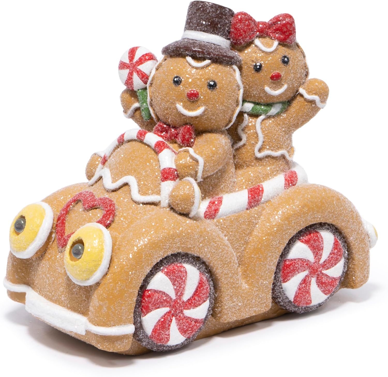 Hodao Christmas Gingerbread Car Decoration – Gingerbread Couple Figurine Driving Holiday Car with Lights, Festive Christmas Ornament for Home, Table, Mantel, Living Room Decor