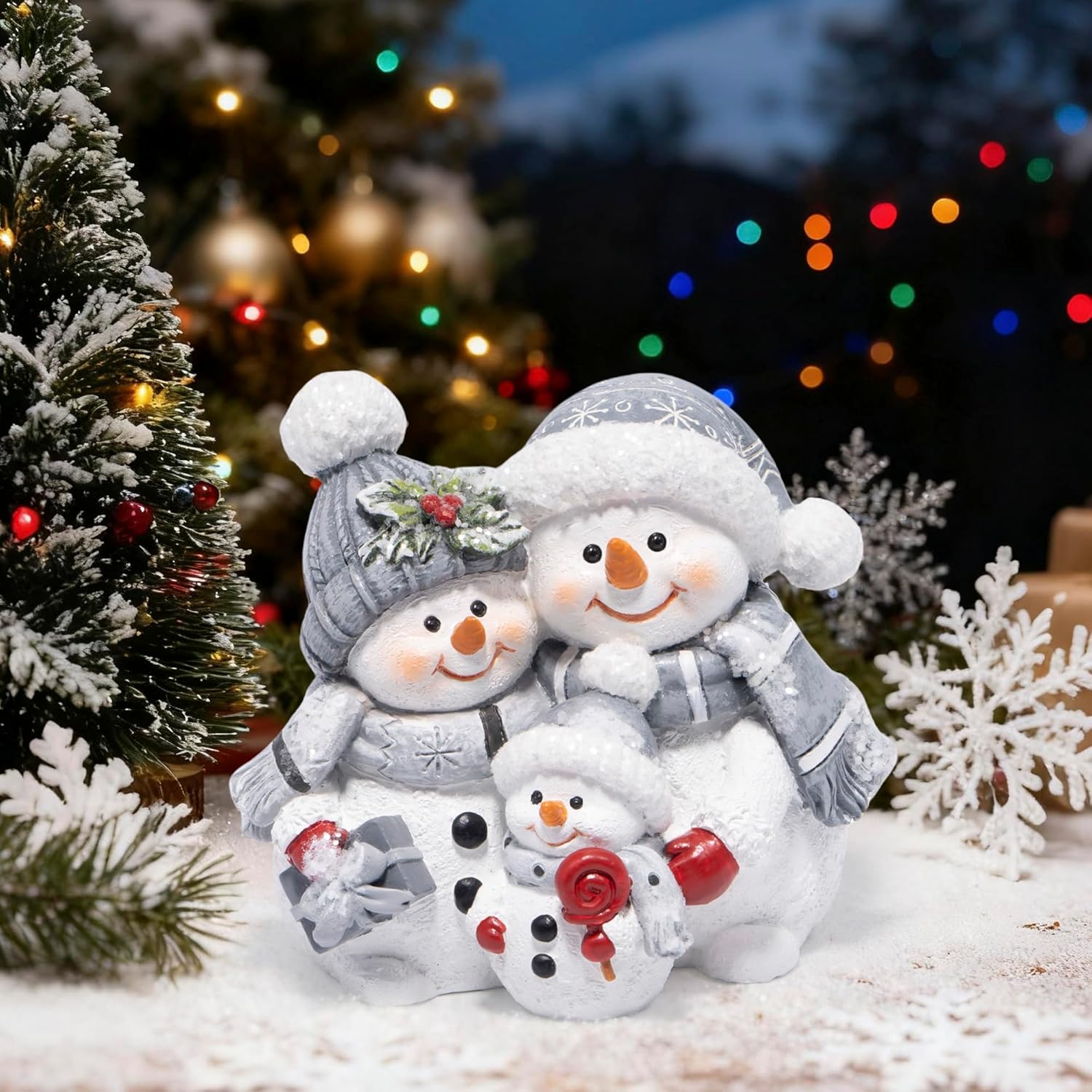 Hodao Snowman Family Figurines Christmas Decor – Hand-Painted Resin Decorations with Hats, Scarves & Glitter, Indoor Holiday Ornaments for Home, Bedroom, Mantel, Tabletop Display & Heartwarming Gift