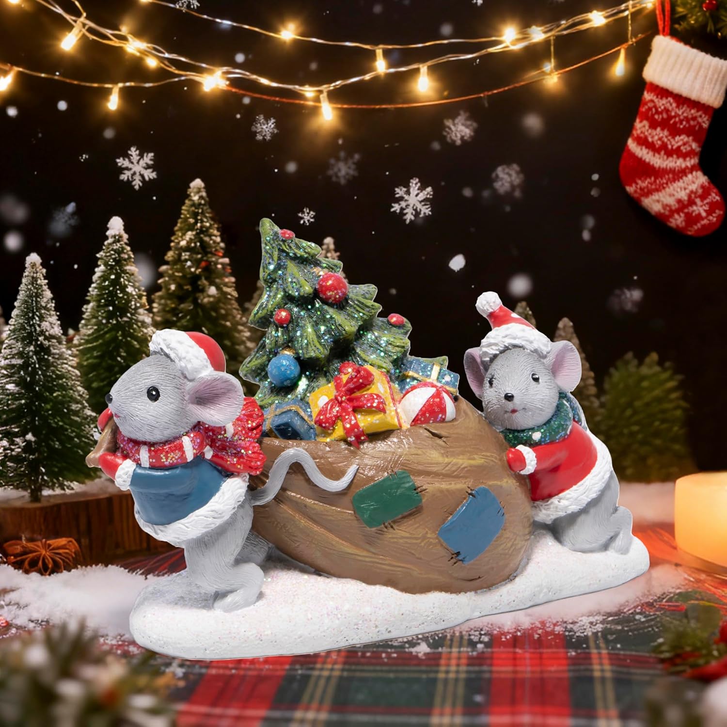 Hodao Christmas Mice Figurines with Gifts – Holiday Mouse Decorations with Xmas Hat Details – Festive Christmas Table, Mantel, and Home Decor Ornaments