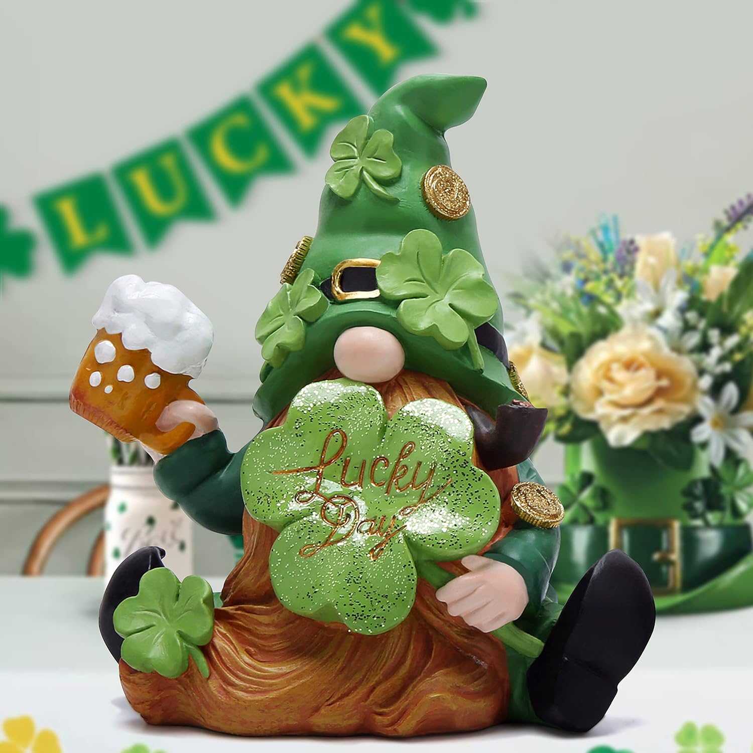 Hodao Green St Patrick's Day Handmade Gnome 6" H Resin Standing Figurine - Irish Elf Scandinavian Yule Nordic Spring Home Holiday Indoor Decorations