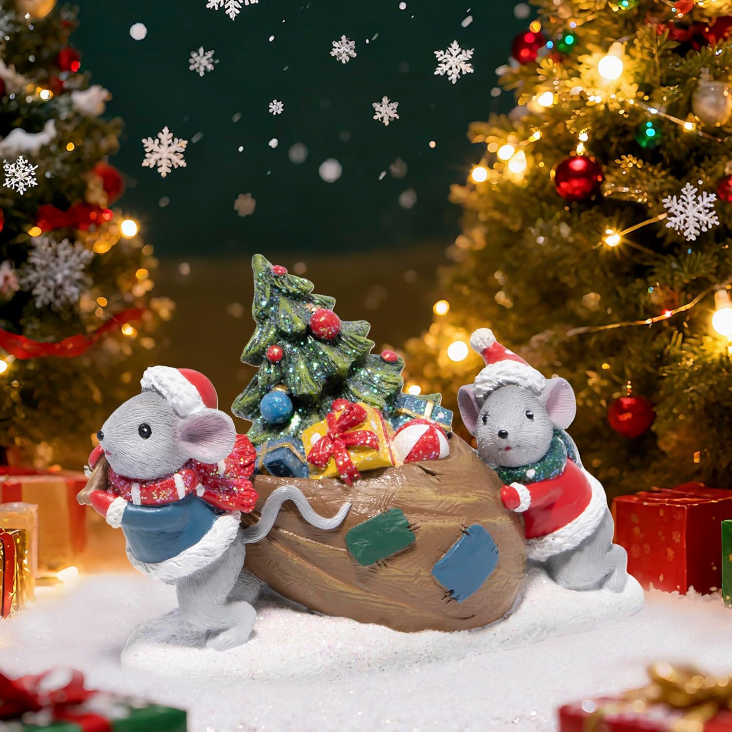 Hodao Christmas Mice Figurines with Gifts – Holiday Mouse Decorations with Xmas Hat Details – Festive Christmas Table, Mantel, and Home Decor Ornaments