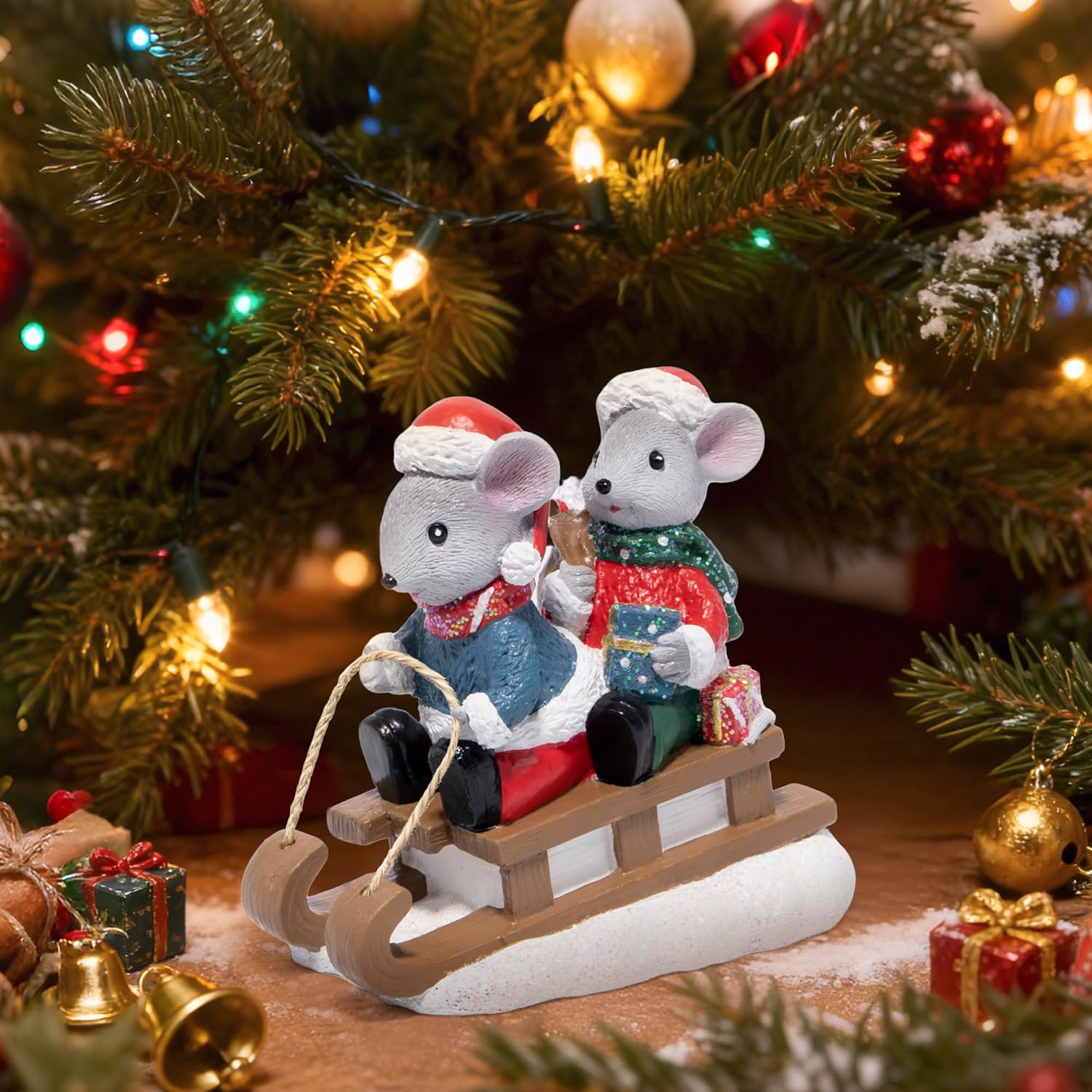 Hodao Christmas Mouse Figurines with Sleigh – Adorable Holiday Decoration Mice in Santa Hats, Festival Christmas Home Decor, Table Centerpiece, Winter Gifts