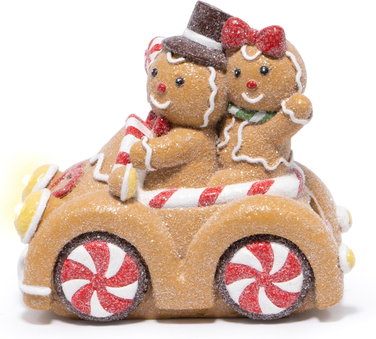 Hodao Christmas Gingerbread Car Decoration – Gingerbread Couple Figurine Driving Holiday Car with Lights, Festive Christmas Ornament for Home, Table, Mantel, Living Room Decor