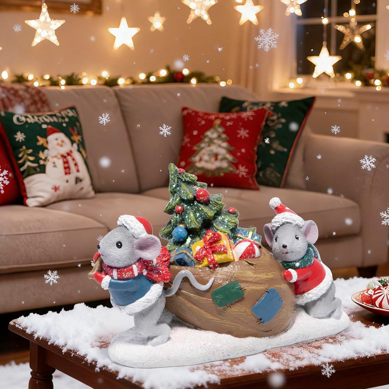 Hodao Christmas Mice Figurines with Gifts – Holiday Mouse Decorations with Xmas Hat Details – Festive Christmas Table, Mantel, and Home Decor Ornaments
