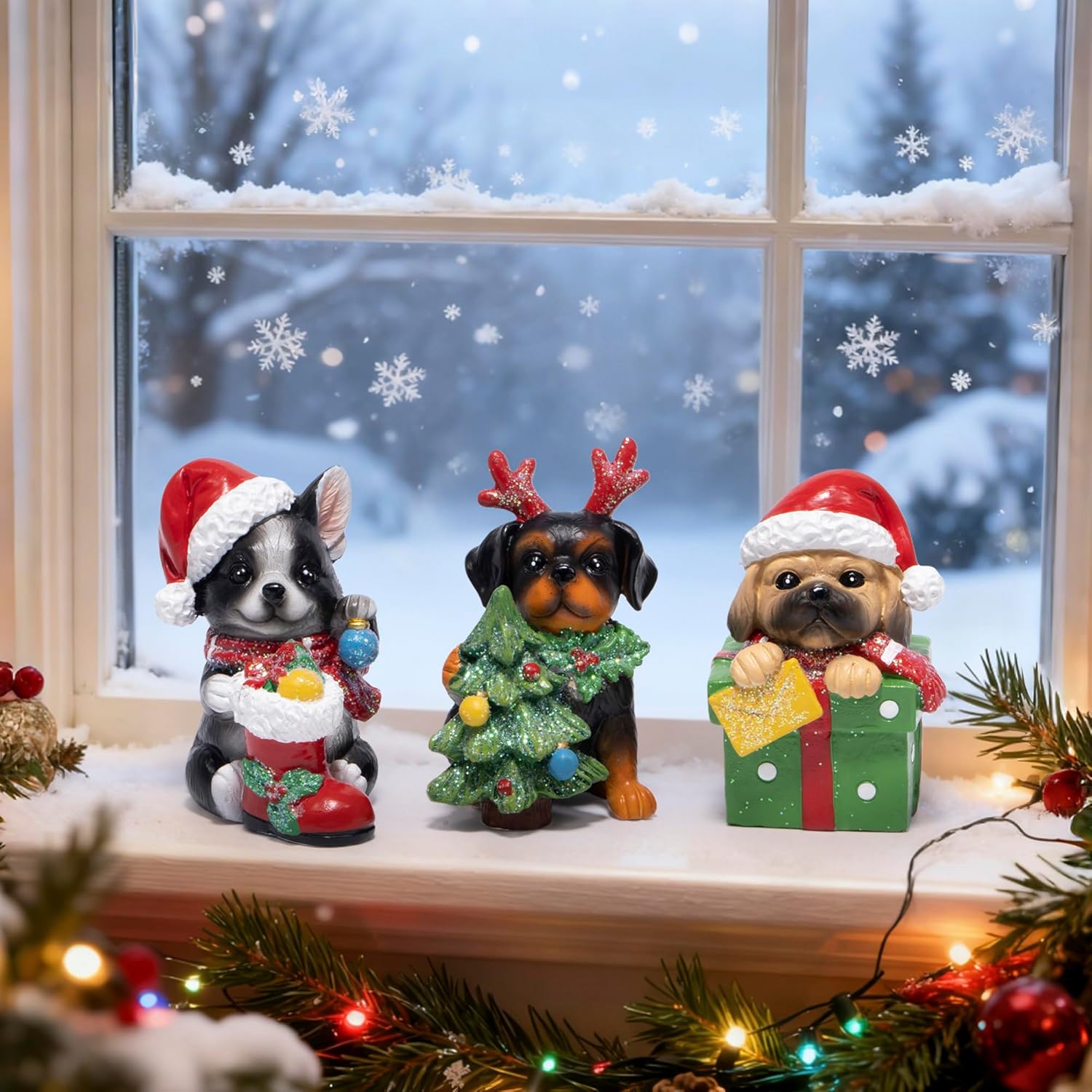 Hodao Christmas Puppy Figurines Set of 3 – Mini Resin Dog Ornaments with Santa Hat, Reindeer Antlers & Gift Box – 3.25in Tabletop Decor for Indoor Home Decorations, Cute Holiday Collectible Gift