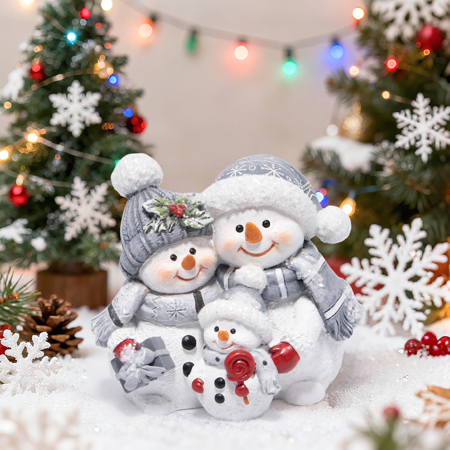 Hodao Snowman Family Figurines Christmas Decor – Hand-Painted Resin Decorations with Hats, Scarves & Glitter, Indoor Holiday Ornaments for Home, Bedroom, Mantel, Tabletop Display & Heartwarming Gift