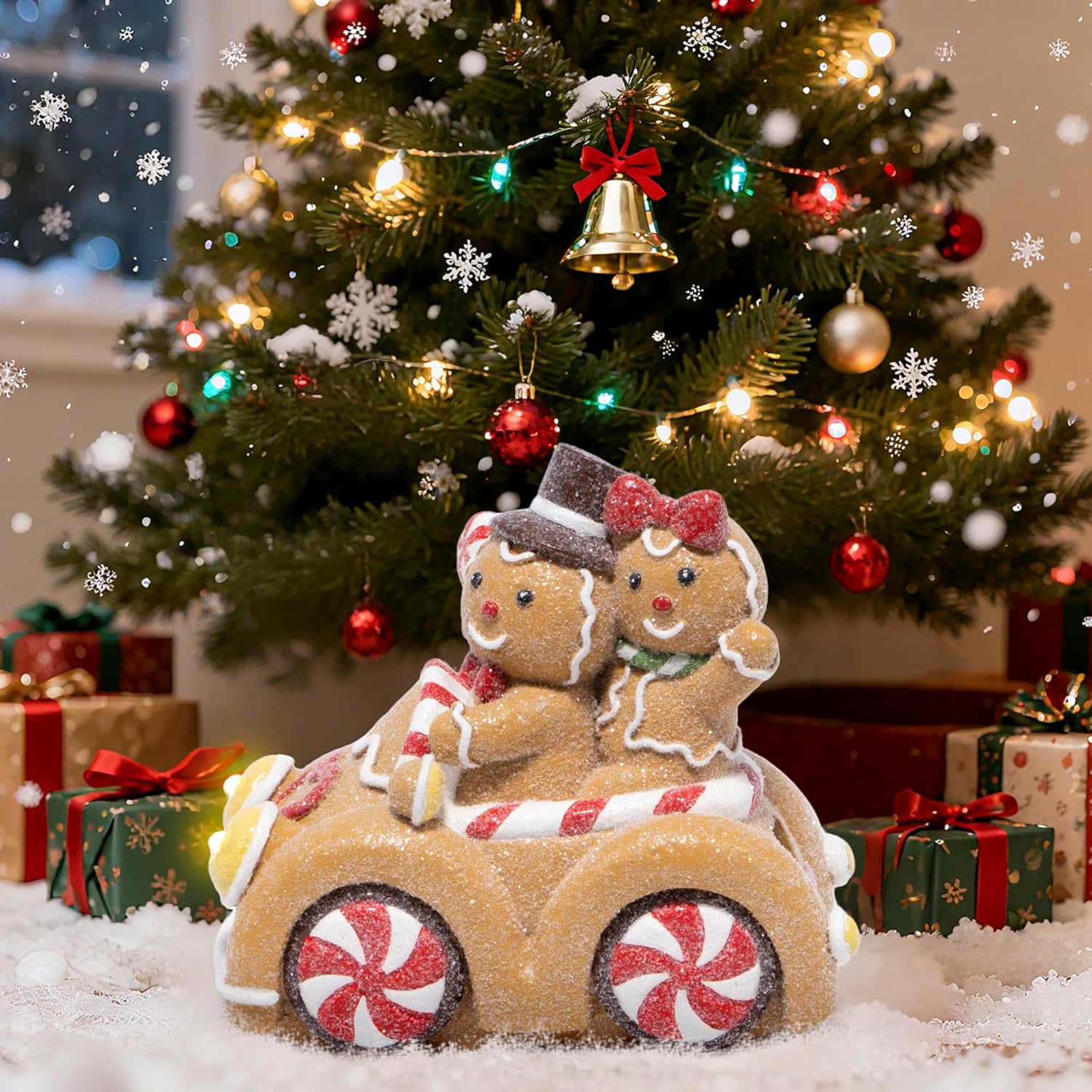 Hodao Christmas Gingerbread Car Decoration – Gingerbread Couple Figurine Driving Holiday Car with Lights, Festive Christmas Ornament for Home, Table, Mantel, Living Room Decor