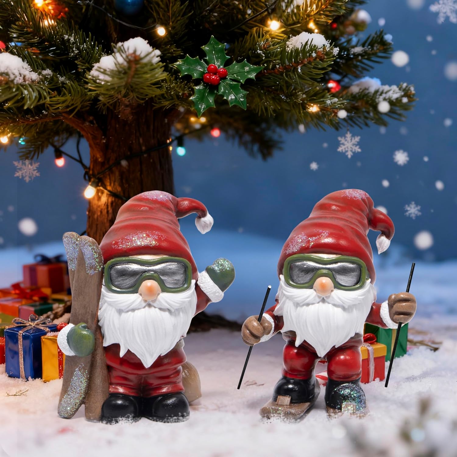 Hodao Christmas Elf Skiing Figurine Decoration – Winter Holiday Elf on Skis, Adorable Holiday Tabletop Ornament, Ski Lodge Decor, Mantel, Shelf & Table Centerpiece Christmas Decorations