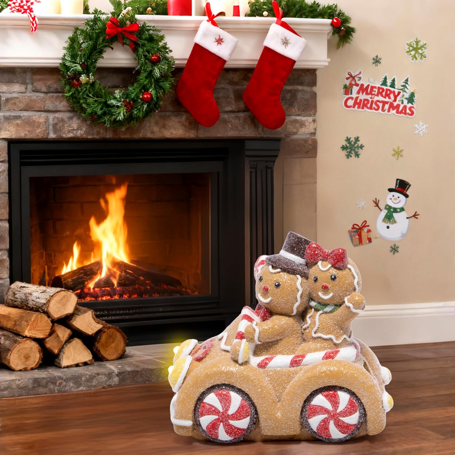 Hodao Christmas Gingerbread Car Decoration – Gingerbread Couple Figurine Driving Holiday Car with Lights, Festive Christmas Ornament for Home, Table, Mantel, Living Room Decor