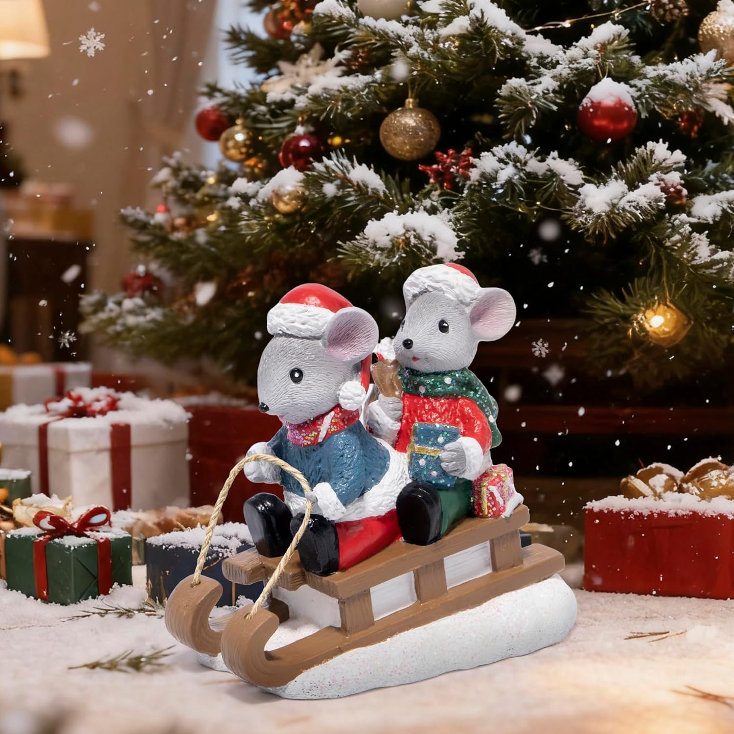 Hodao Christmas Mouse Figurines with Sleigh – Adorable Holiday Decoration Mice in Santa Hats, Festival Christmas Home Decor, Table Centerpiece, Winter Gifts