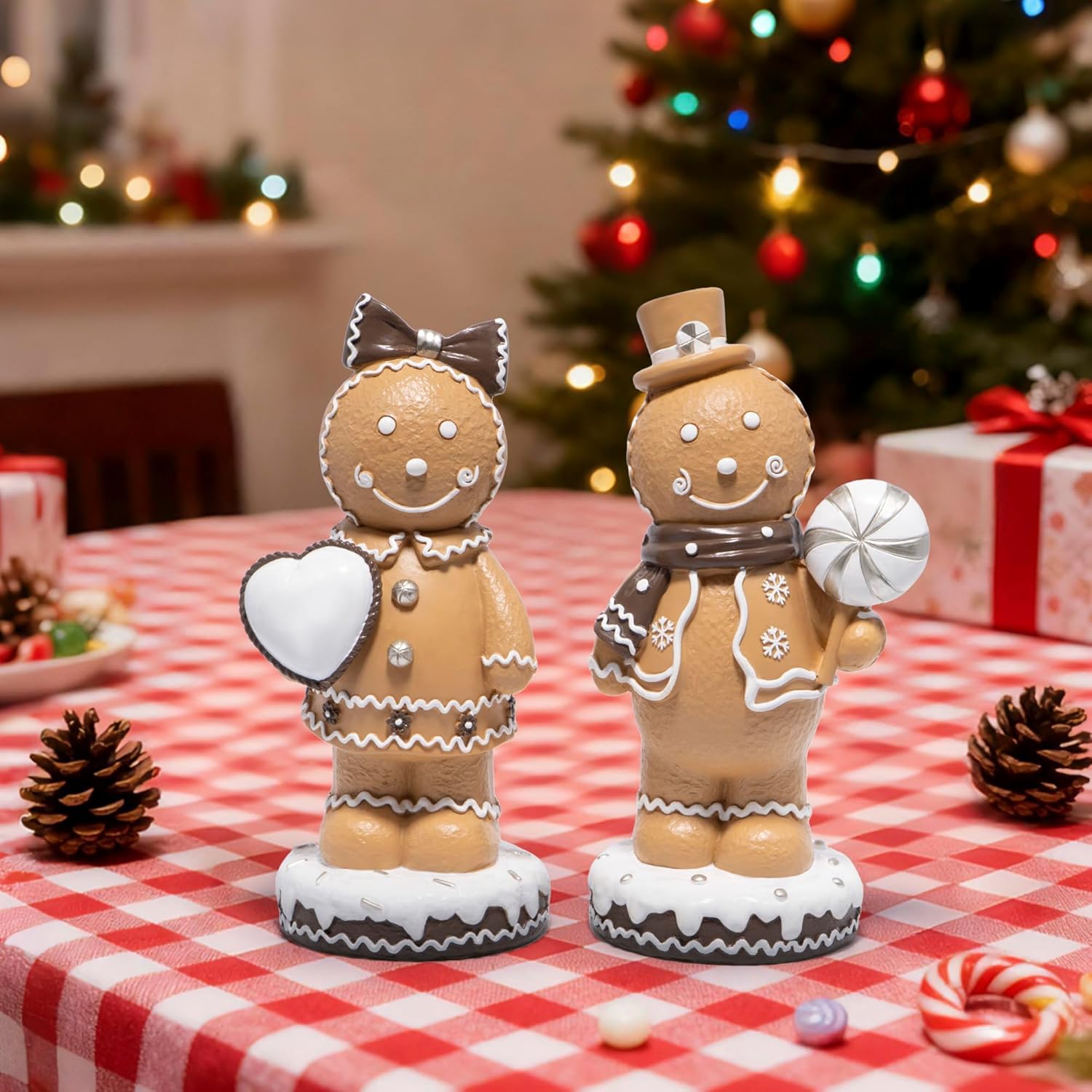 Hodao Gingerbread Couple Figurines Set of 2 – Resin Christmas Decorations for Home, Indoor Table Decor, Cute Gingerbread Man & Girl Ornaments with Heart and Candy, 7.5" Tall Mini Collectible Gift