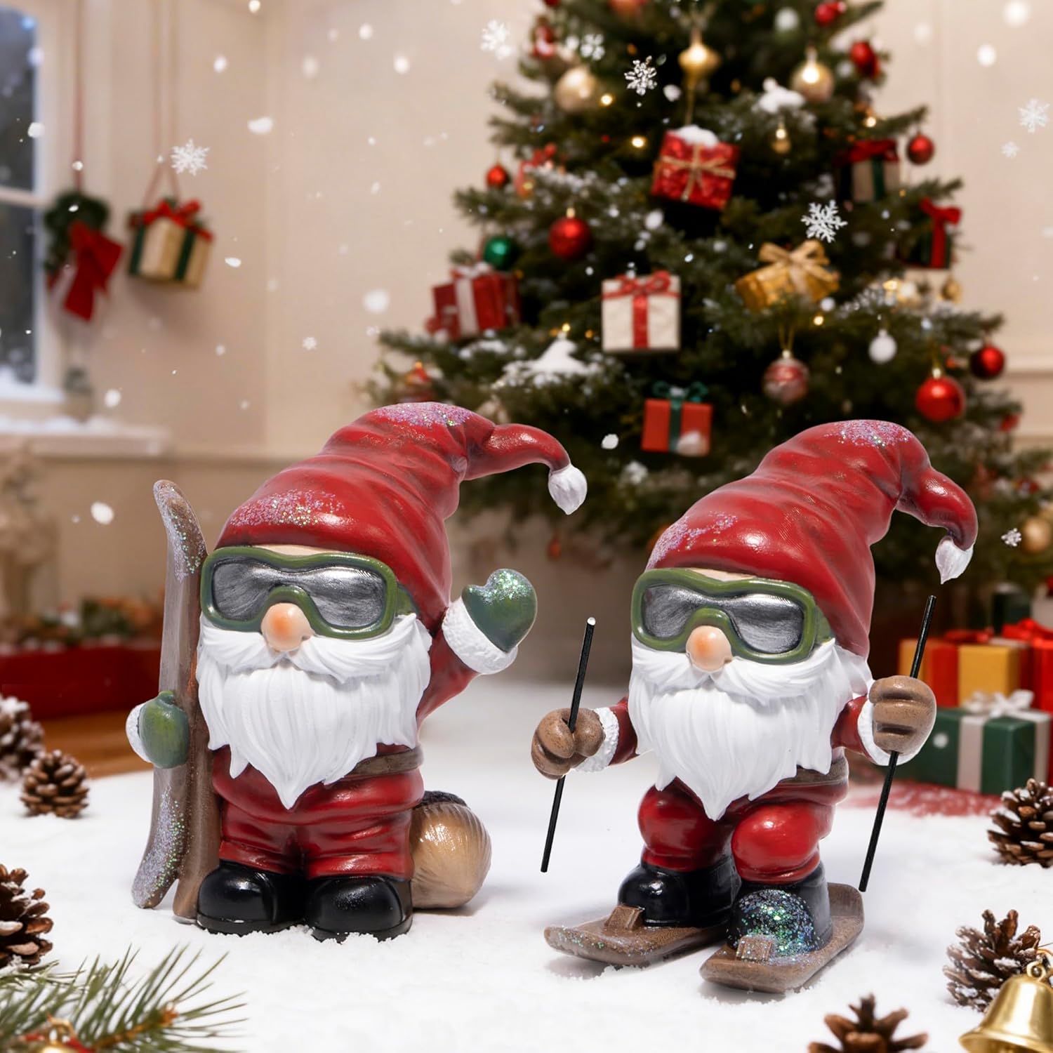 Hodao Christmas Elf Skiing Figurine Decoration – Winter Holiday Elf on Skis, Adorable Holiday Tabletop Ornament, Ski Lodge Decor, Mantel, Shelf & Table Centerpiece Christmas Decorations