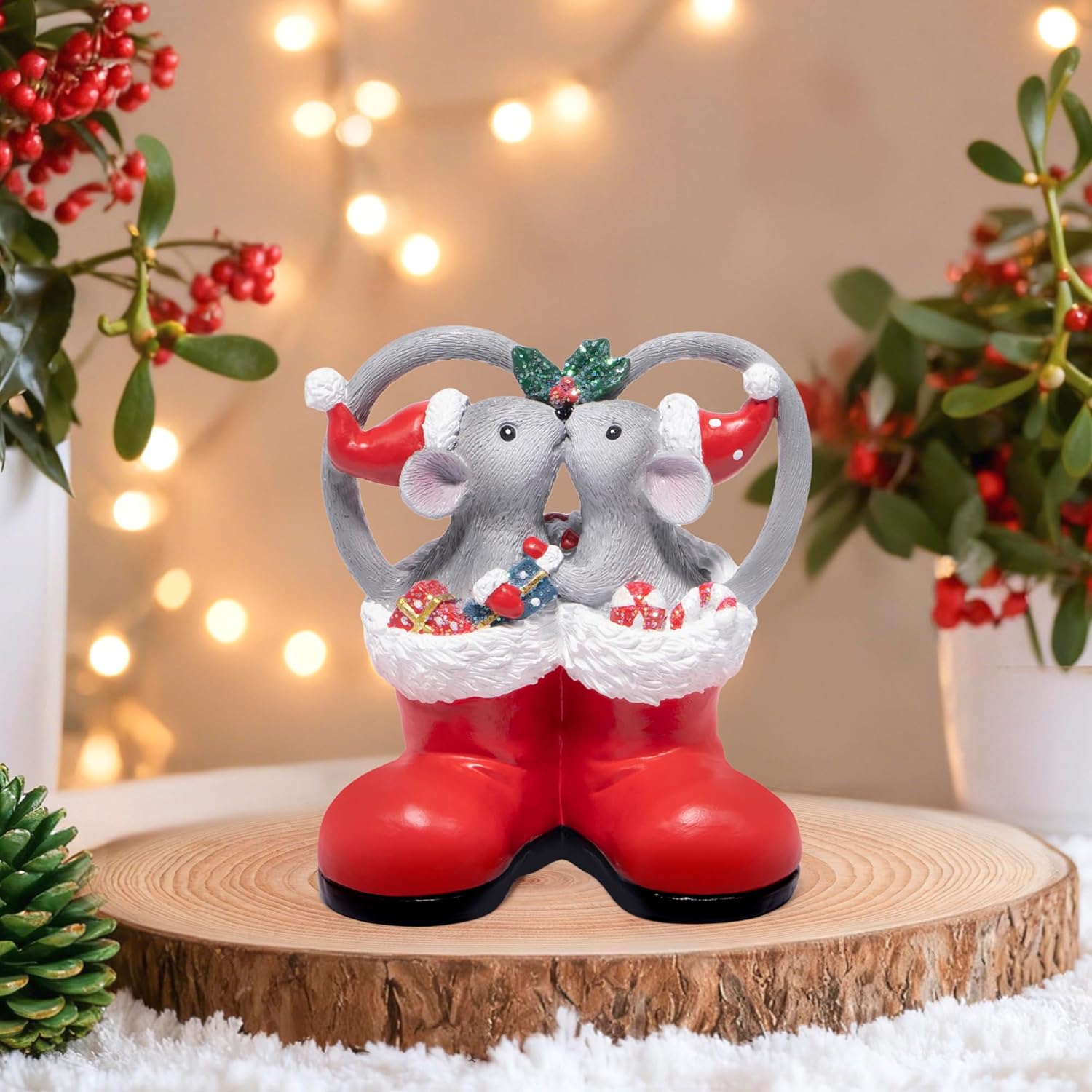 Hodao Christmas Mouse Figurines in Red Santa Shoe – Cute Holiday Couple with Gifts & Ornaments, Festive Home Table Shelf, Entryway, Mantel Decoration