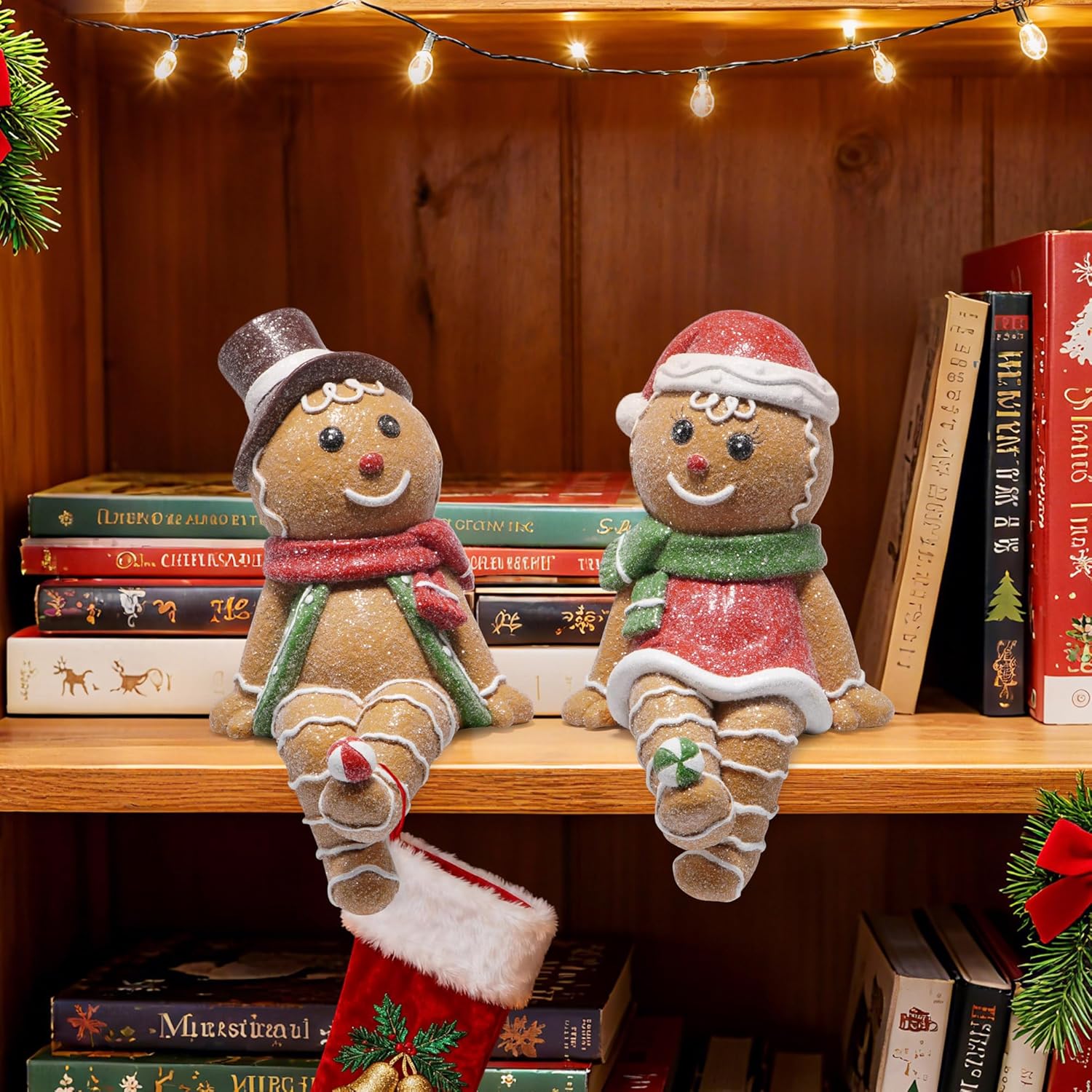 Hodao Gingerbread Man Figurines Decorations – Festive Stock Hanger Decor for Fireplace, Tabletop Decoration, Holiday Gift for Family Traditional Christmas Sock Holder Decor