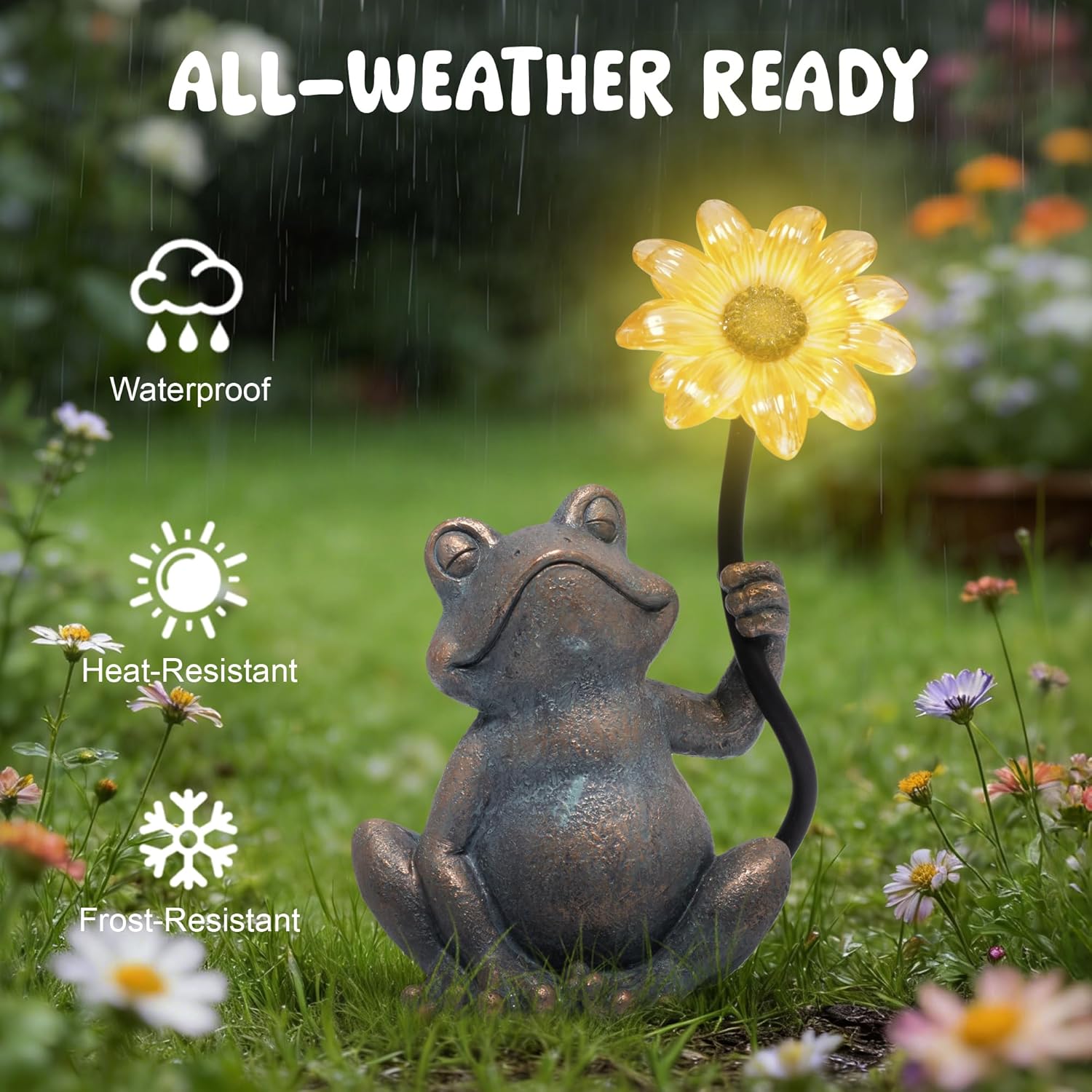 Hodao  Solar Frog Statue with Glowing Sunflower Light, Outdoor Garden Frog Figurine Decor for Yard Lawn Patio, Resin Solar Animal Sculpture with LED Light for Garden Landscape Decoration