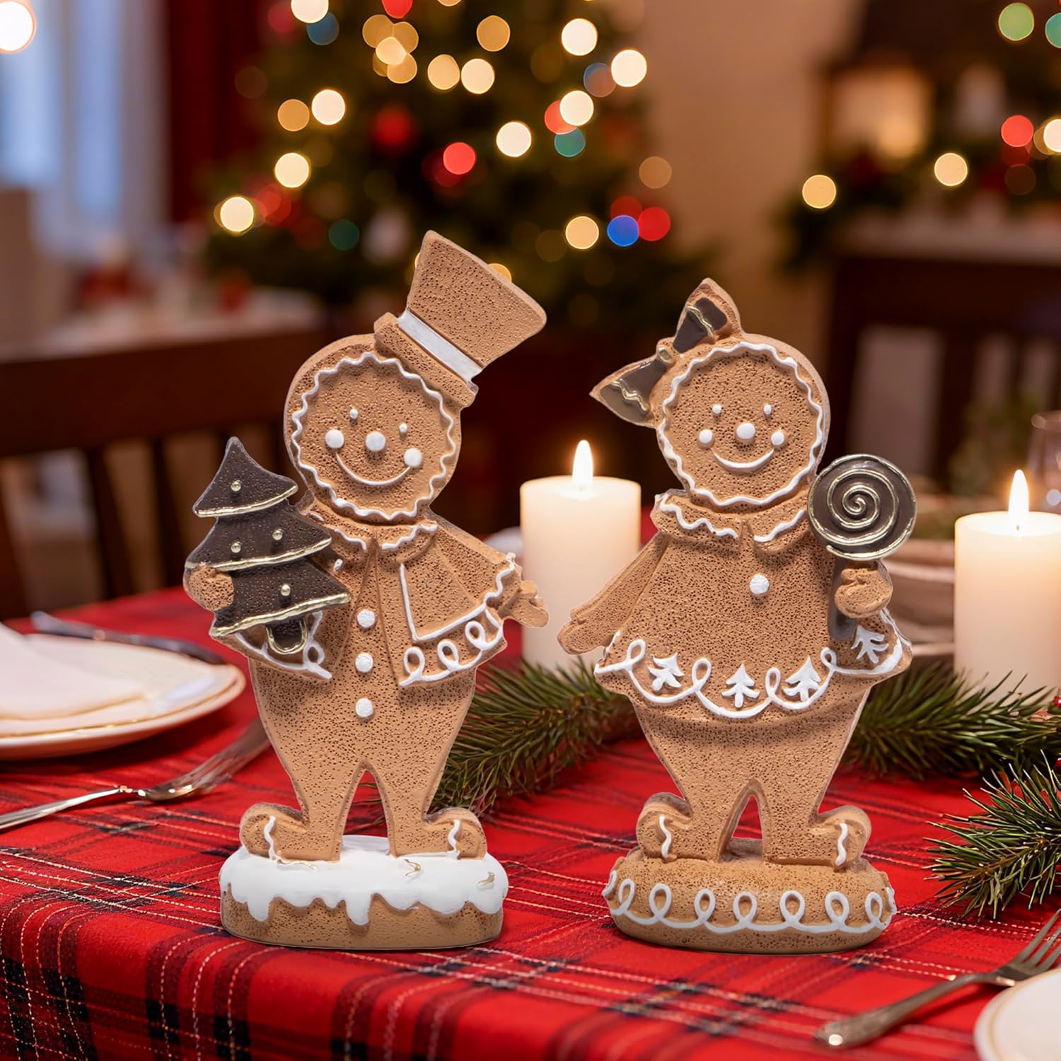 Hodao Gingerbread Couple Figurines – Christmas Resin Decorations for Indoor Home Decor, Cute Gingerbread Man and Woman Ornaments, Holiday Figurines for Living Room, Bedroom, Table, and Gift
