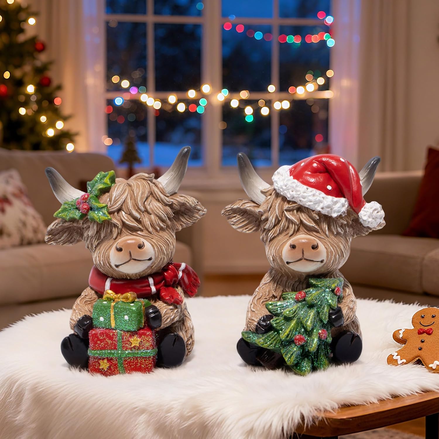Hodao 2PCS Christmas Highland Cow Figurines Decoration with Christmas Tree & Gift Box, Xmas Holiday Highland Cow Decor for Home Tabletop Mantel Christmas Celebration - 3.75 Inch