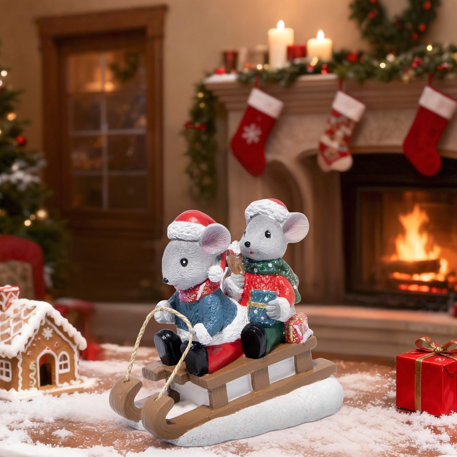 Hodao Christmas Mouse Figurines with Sleigh – Adorable Holiday Decoration Mice in Santa Hats, Festival Christmas Home Decor, Table Centerpiece, Winter Gifts