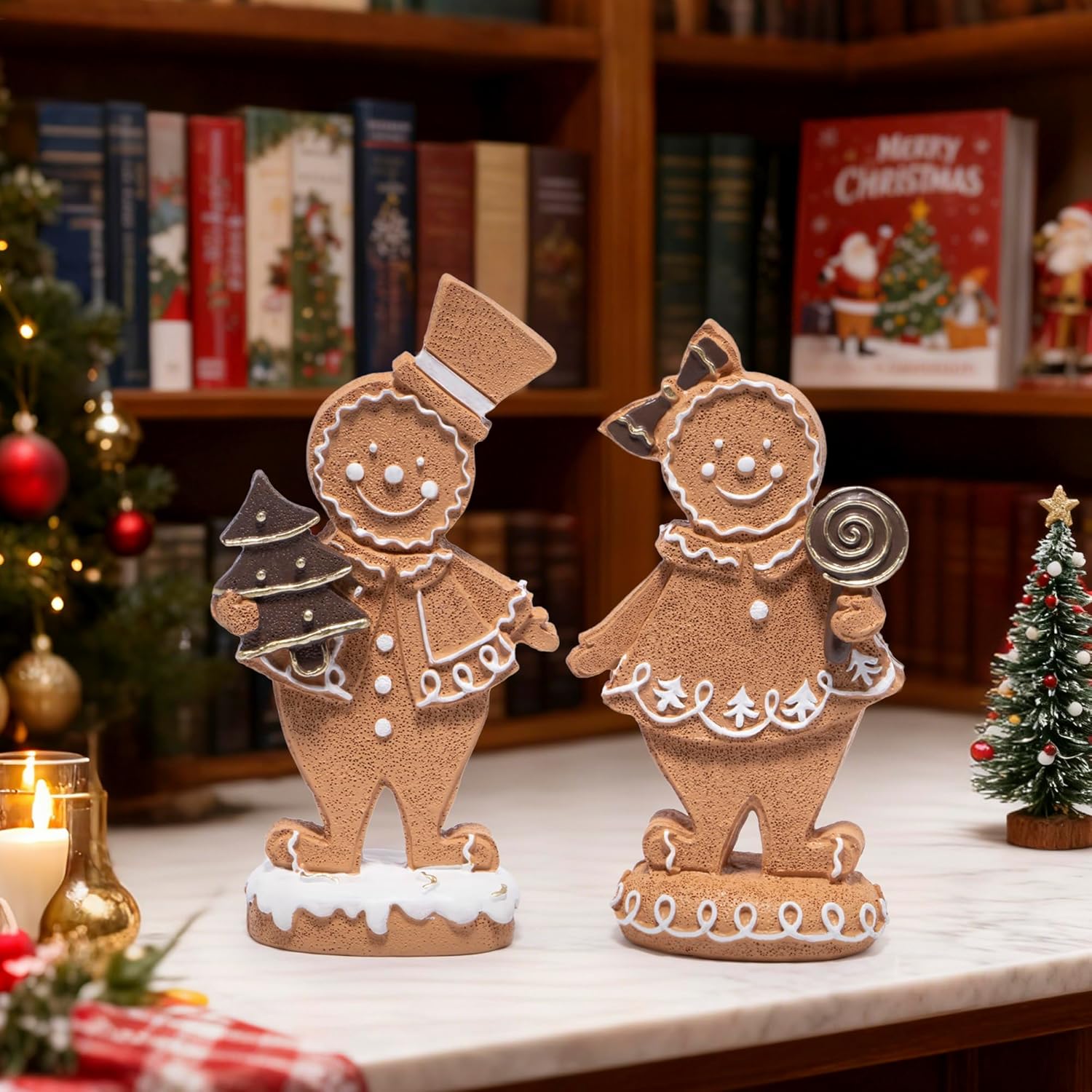 Hodao Gingerbread Couple Figurines – Christmas Resin Decorations for Indoor Home Decor, Cute Gingerbread Man and Woman Ornaments, Holiday Figurines for Living Room, Bedroom, Table, and Gift