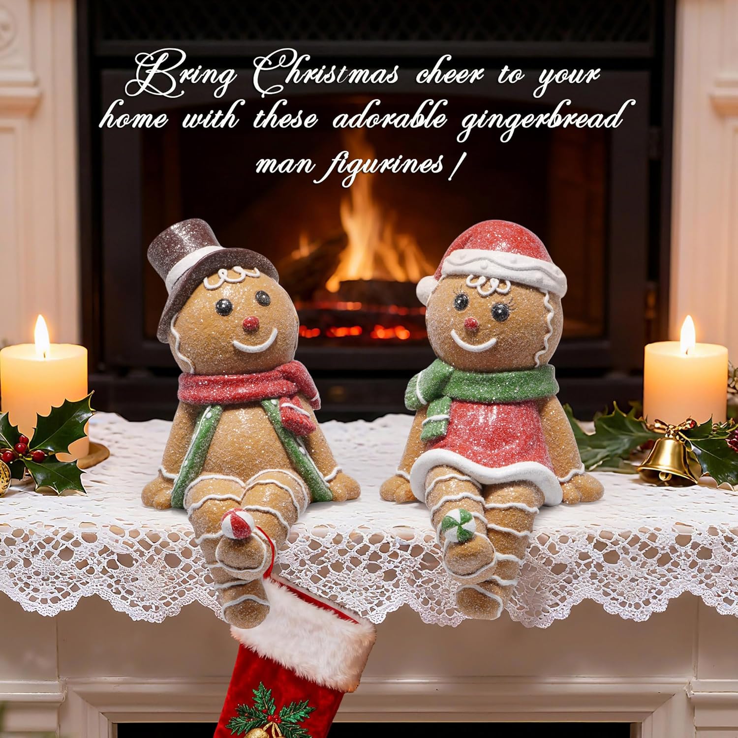 Hodao Gingerbread Man Figurines Decorations – Festive Stock Hanger Decor for Fireplace, Tabletop Decoration, Holiday Gift for Family Traditional Christmas Sock Holder Decor