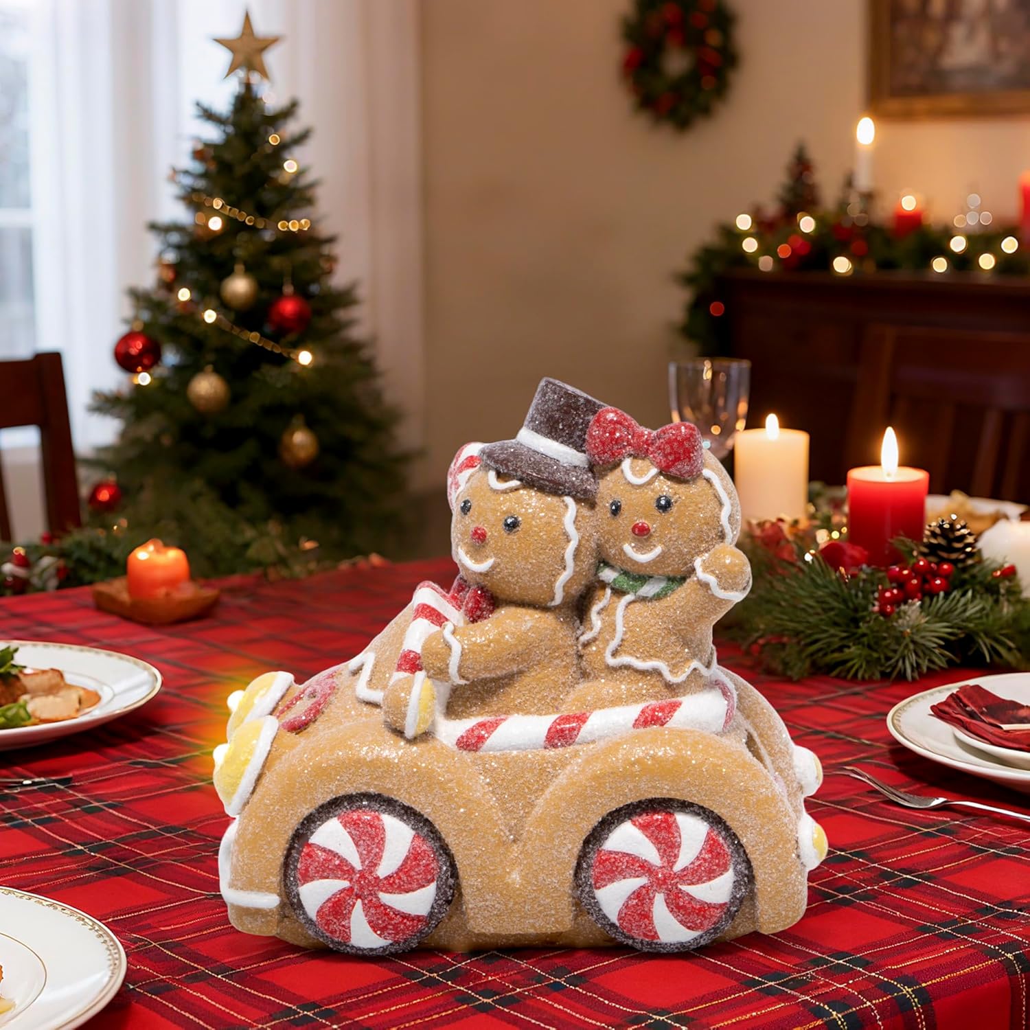 Hodao Christmas Gingerbread Car Decoration – Gingerbread Couple Figurine Driving Holiday Car with Lights, Festive Christmas Ornament for Home, Table, Mantel, Living Room Decor
