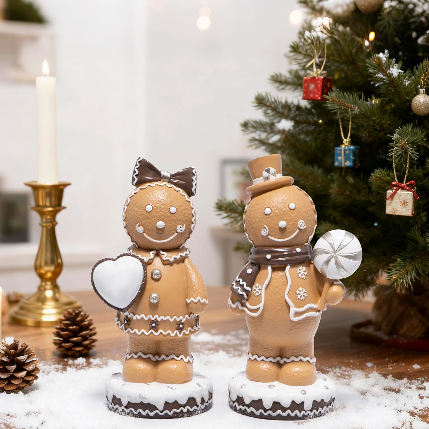 Hodao Gingerbread Couple Figurines Set of 2 – Resin Christmas Decorations for Home, Indoor Table Decor, Cute Gingerbread Man & Girl Ornaments with Heart and Candy, 7.5" Tall Mini Collectible Gift
