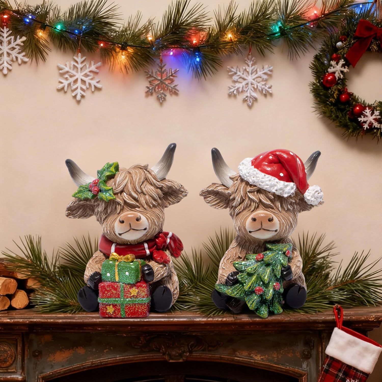 Hodao 2PCS Christmas Highland Cow Figurines Decoration with Christmas Tree & Gift Box, Xmas Holiday Highland Cow Decor for Home Tabletop Mantel Christmas Celebration - 3.75 Inch