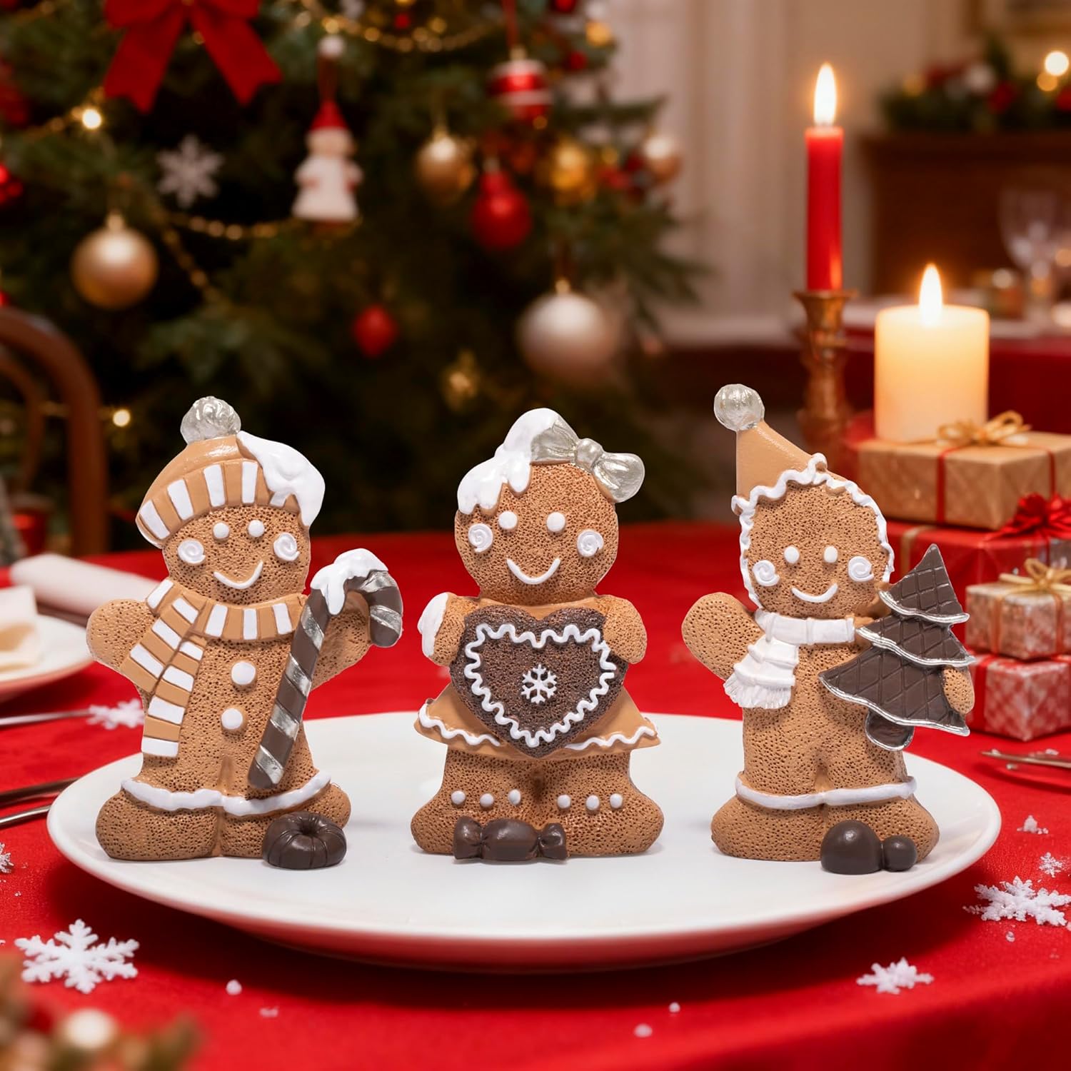 Hodao Christmas Gingerbread Figurines Set of 3, Cute Gingerbread Men Holding Heart, Candy Cane & Christmas Tree, Holiday Party Tabletop Decoration for Home, Kitchen, Living Room Decor