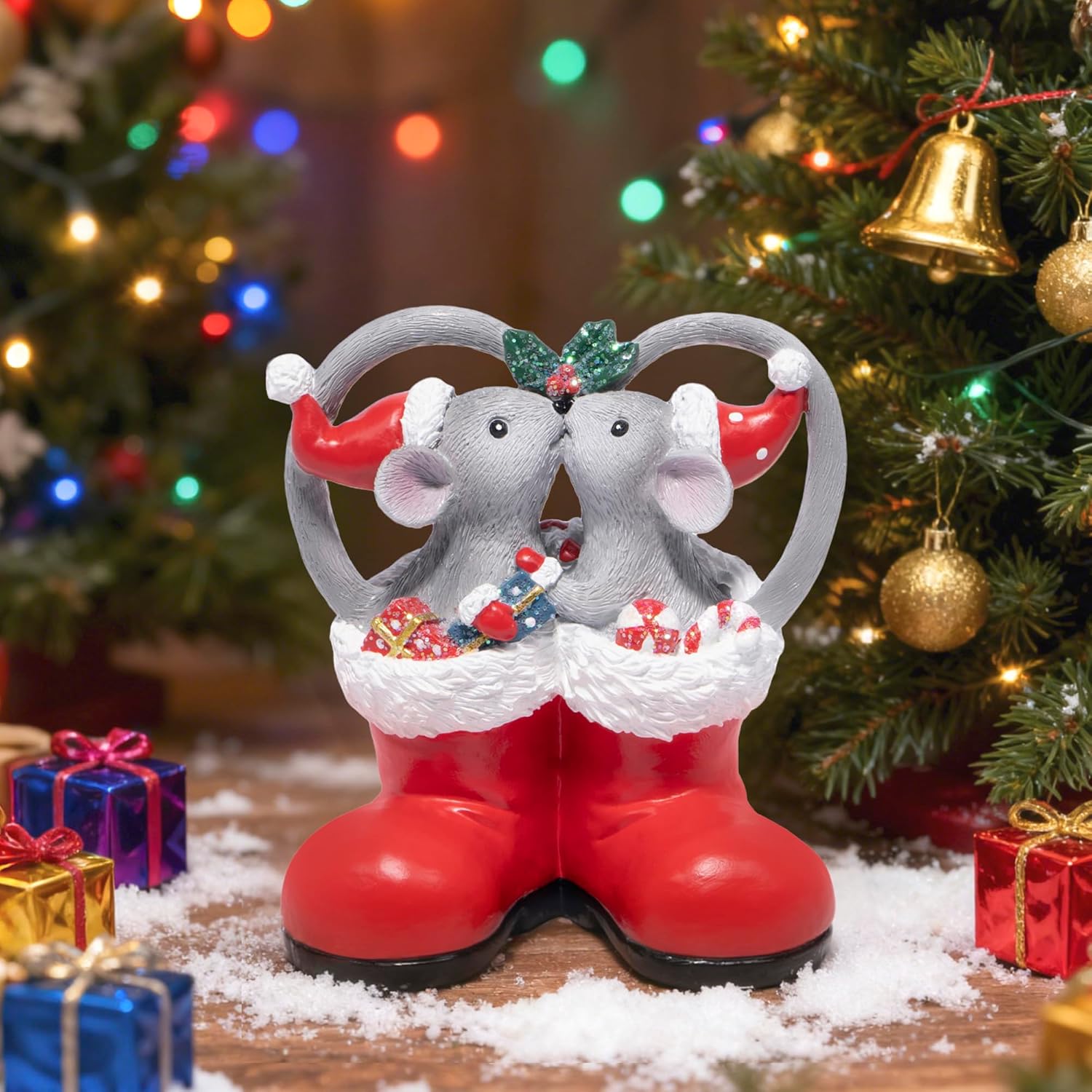 Hodao Christmas Mouse Figurines in Red Santa Shoe – Cute Holiday Couple with Gifts & Ornaments, Festive Home Table Shelf, Entryway, Mantel Decoration