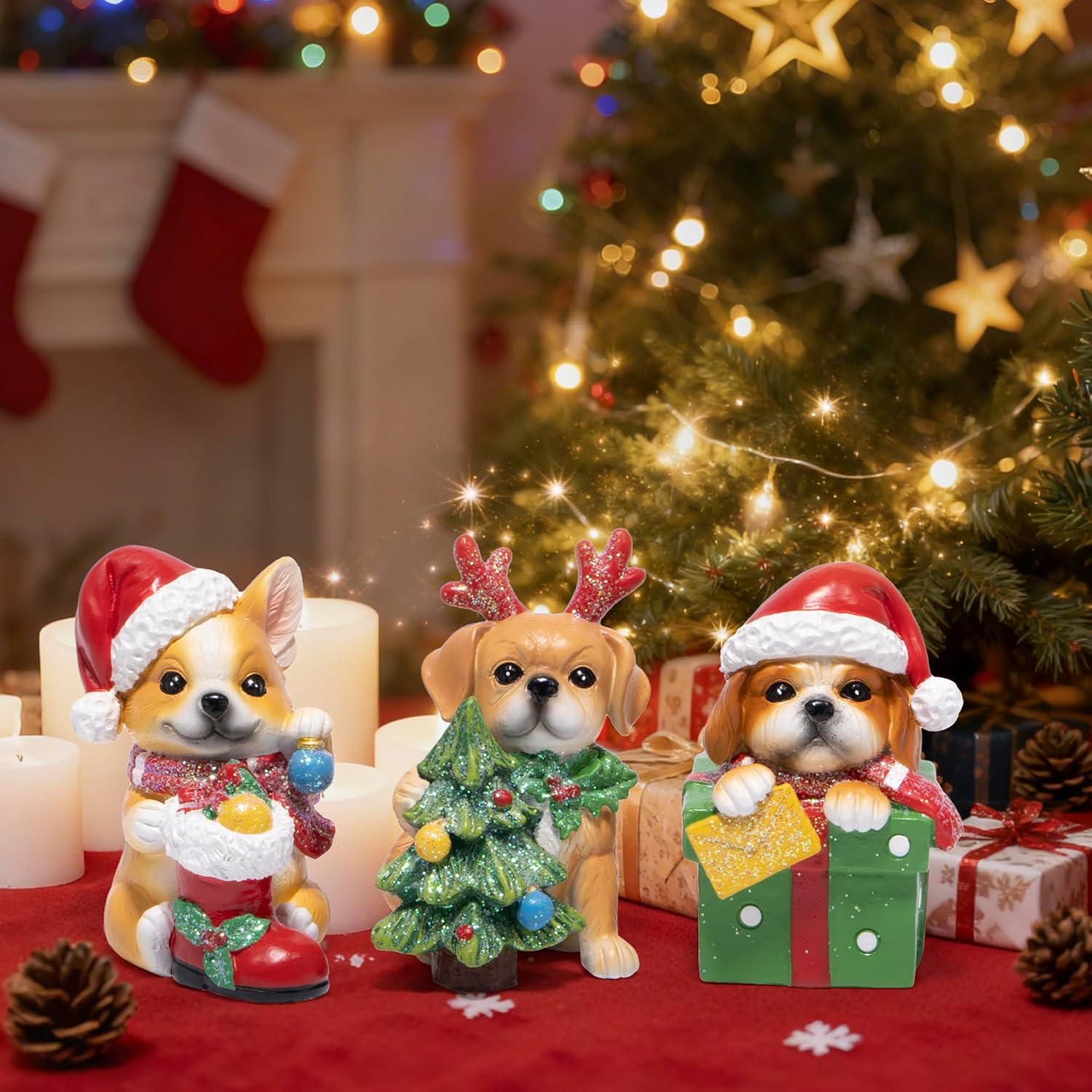 Hodao Christmas Puppy Figurines Set of 3 – Mini Resin Dog Ornaments with Santa Hat, Reindeer Antlers & Gift Box – 3.25in Tabletop Decor for Indoor Home Decorations, Cute Holiday Collectible Gift