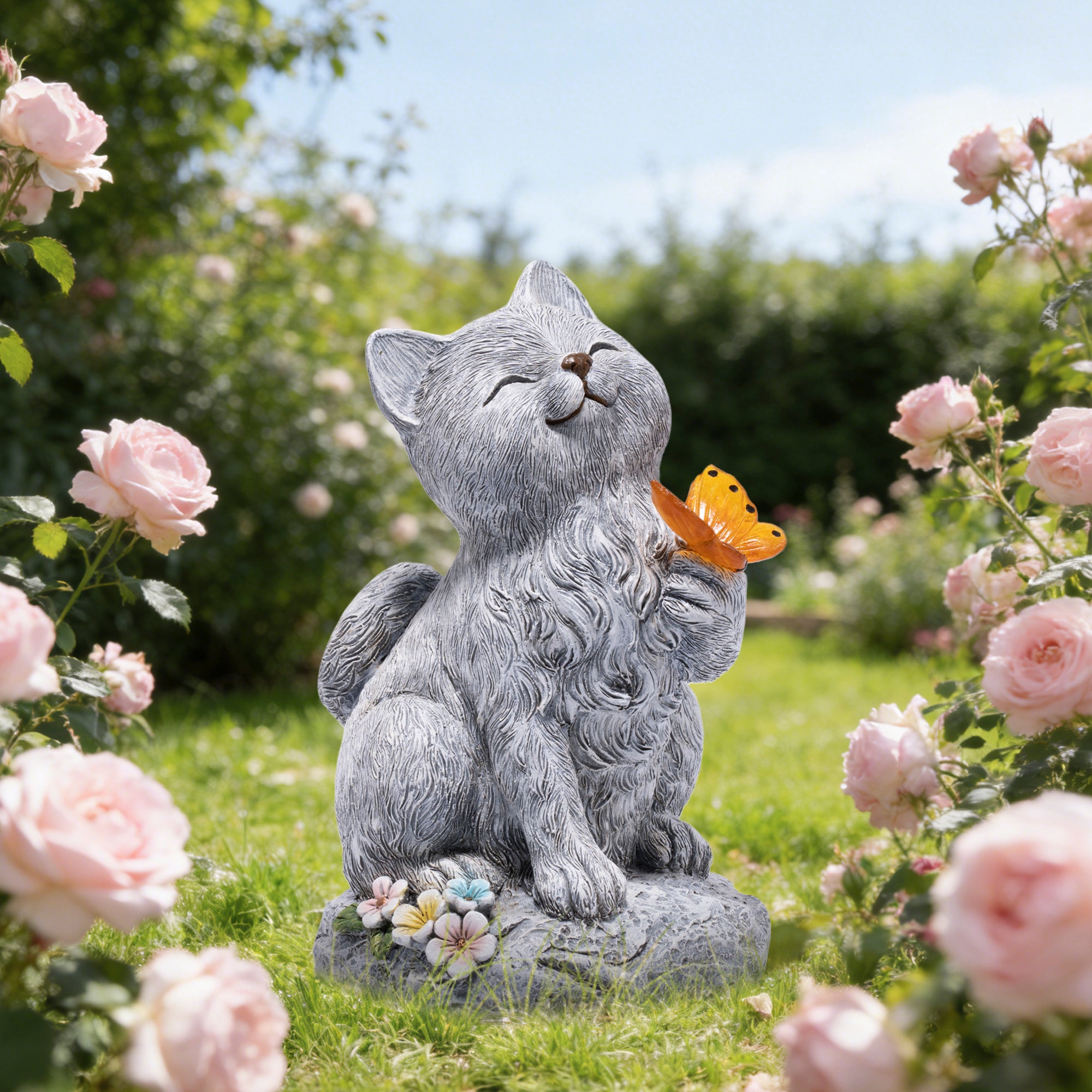 Hodao  Solar Cat Statue with Glowing Butterfly, Outdoor Garden Cat Figurine Decor for Yard Lawn Patio, Resin Solar Animal Sculpture with LED Light for Garden Landscape Decoration