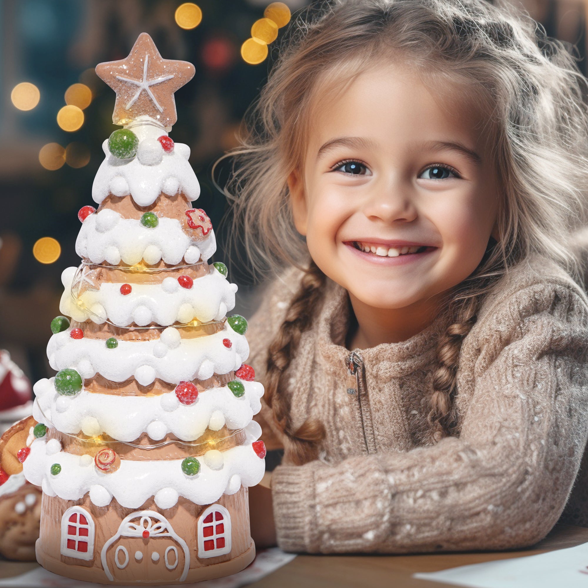 Hodao Christmas Village House Decorations Gingerbread House with Christmas Tree Theme, Battery-Powered (2 AAA) 8.6" H Resin Christmas Tree Decor for Indoor Festive Home or Christmas Party (Tree-1)