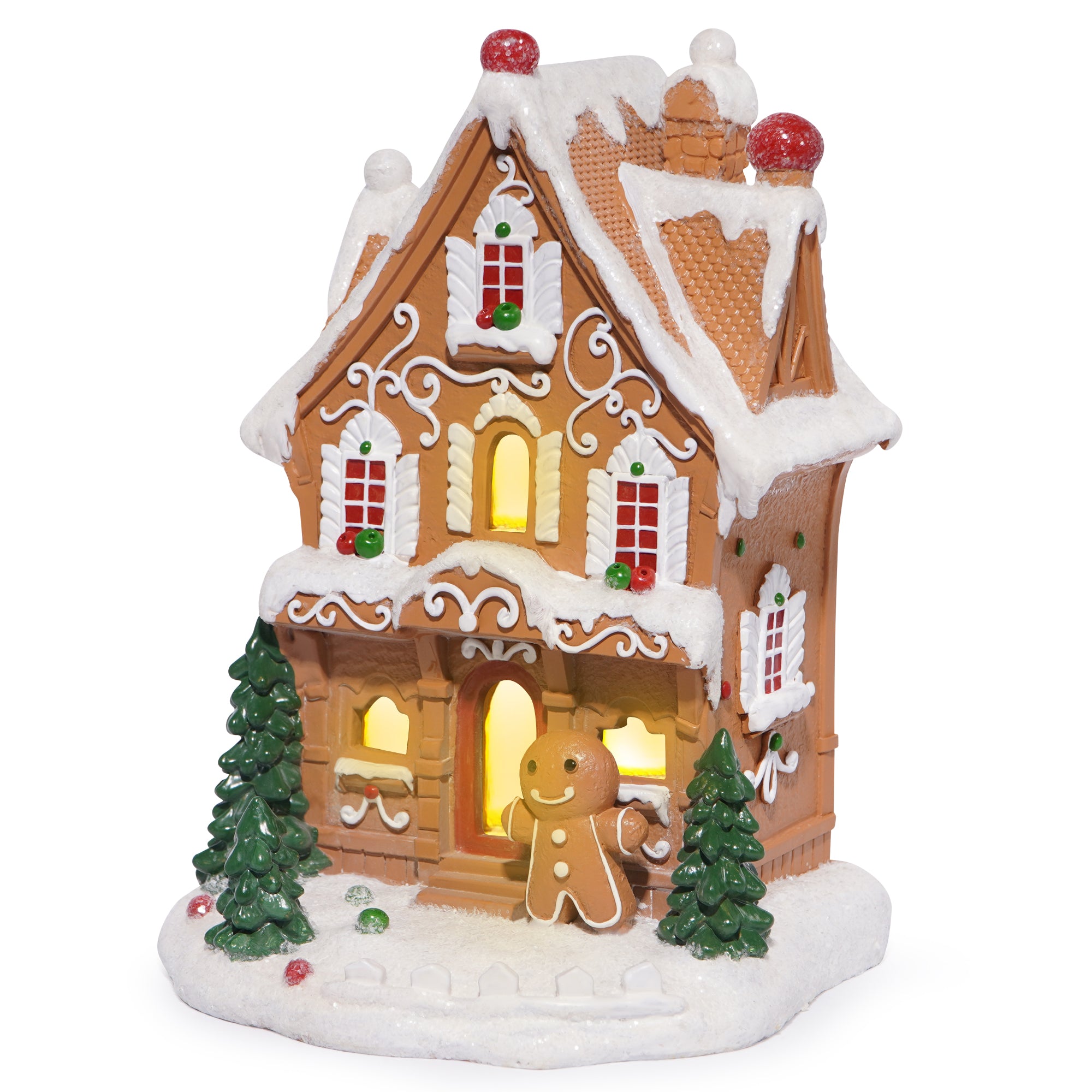 Hodao Christmas Decorations Gingerbread House Decor Figurine, Battery-Powered (2 AAA), 8" H Resin Christmas Village Houses-Festive Indoor Home Christmas Party Display (Christmas Village Houses 8")