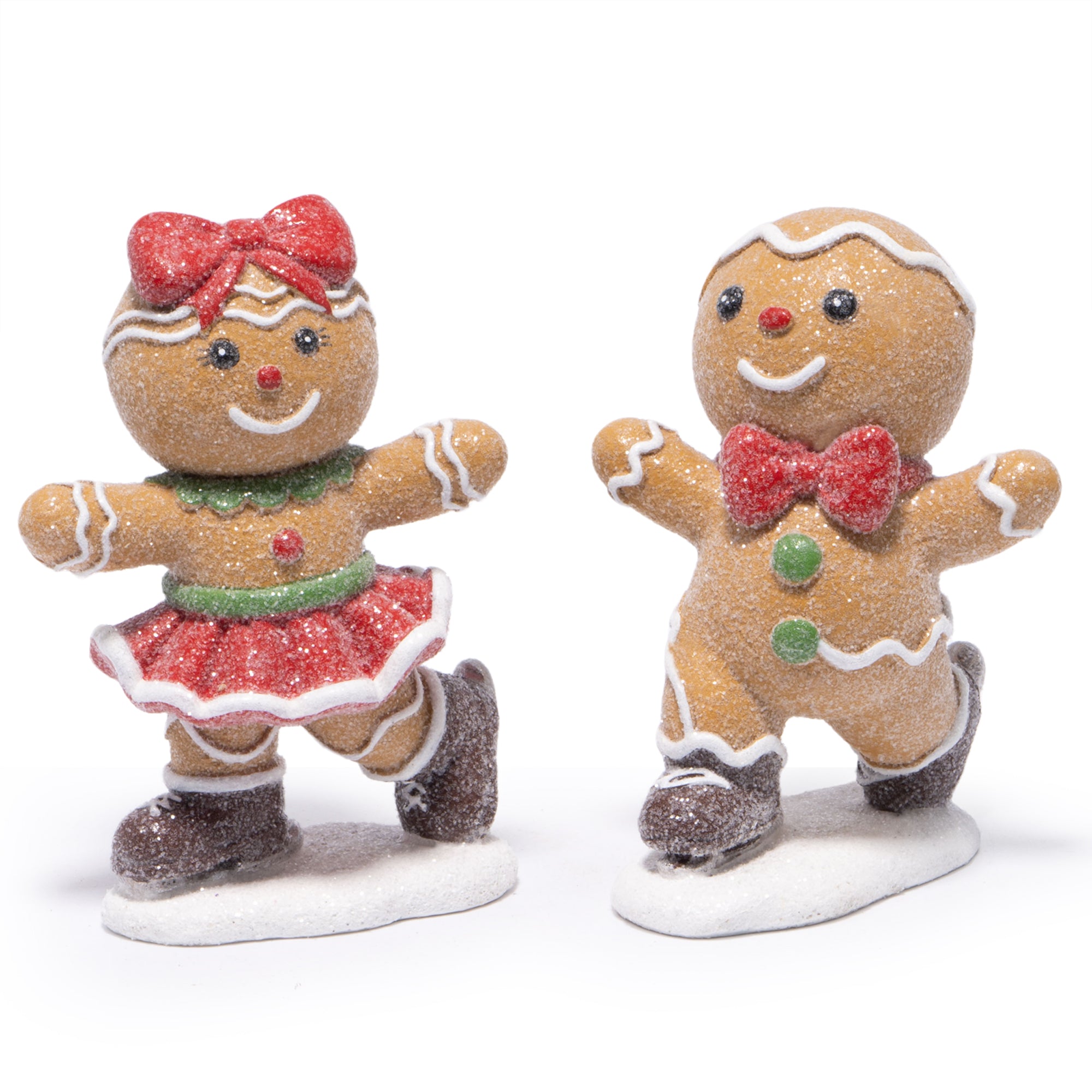 Hodao Gingerbread Couple Figurines – Hand-Painted Resin Christmas Ornaments, Glittered Skating Boy & Girl, Indoor Holiday Decor for Home, Bedroom, Shelf, Tabletop, Collectible Winter Cheer Gift