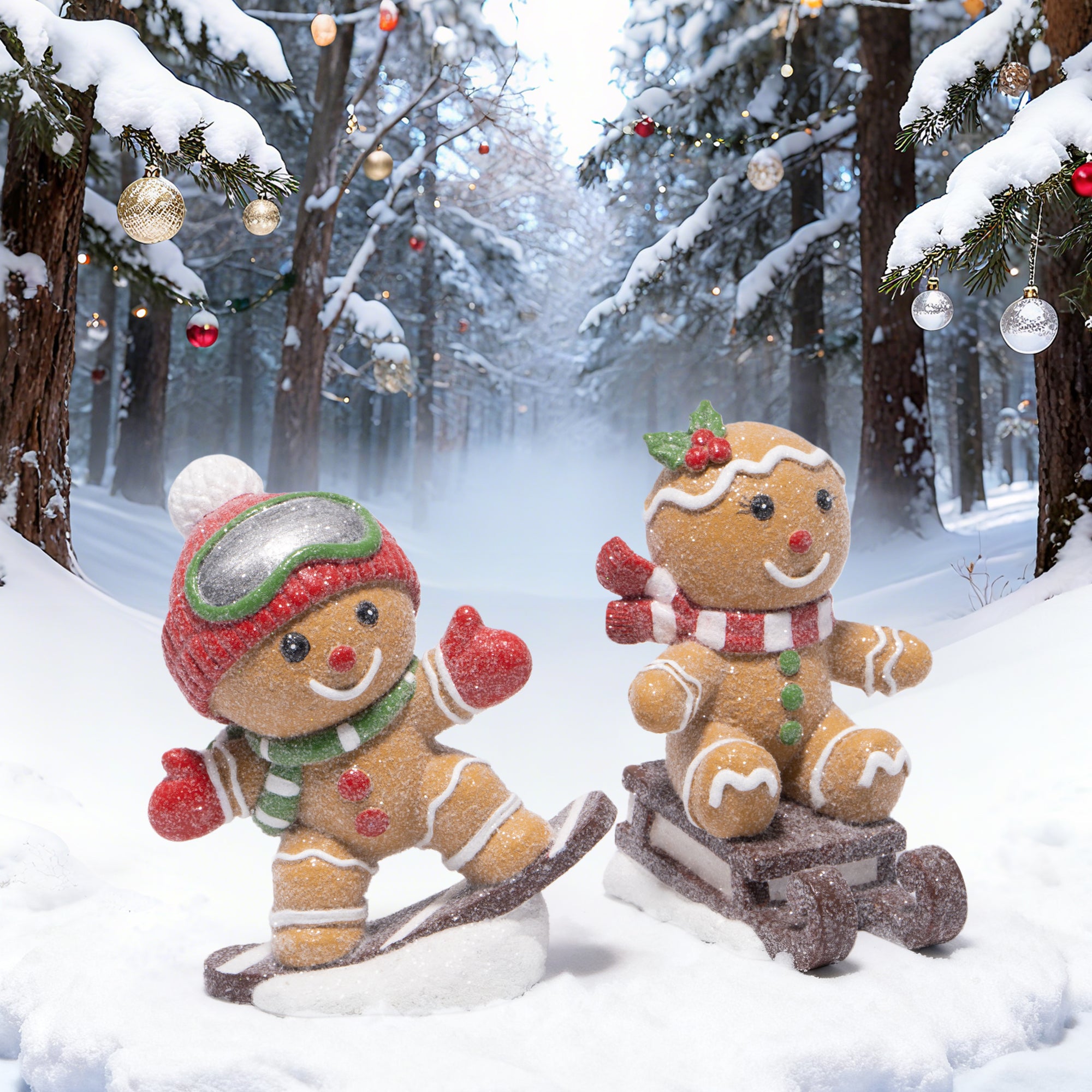 Hodao Gingerbread Ski & Sled Figurines – Hand-Painted Resin Christmas Ornaments, Glitter Candy Style, Indoor Winter Decor for Home, Bedroom, Shelf, Mantel, Tabletop, Cute 2-Piece Set