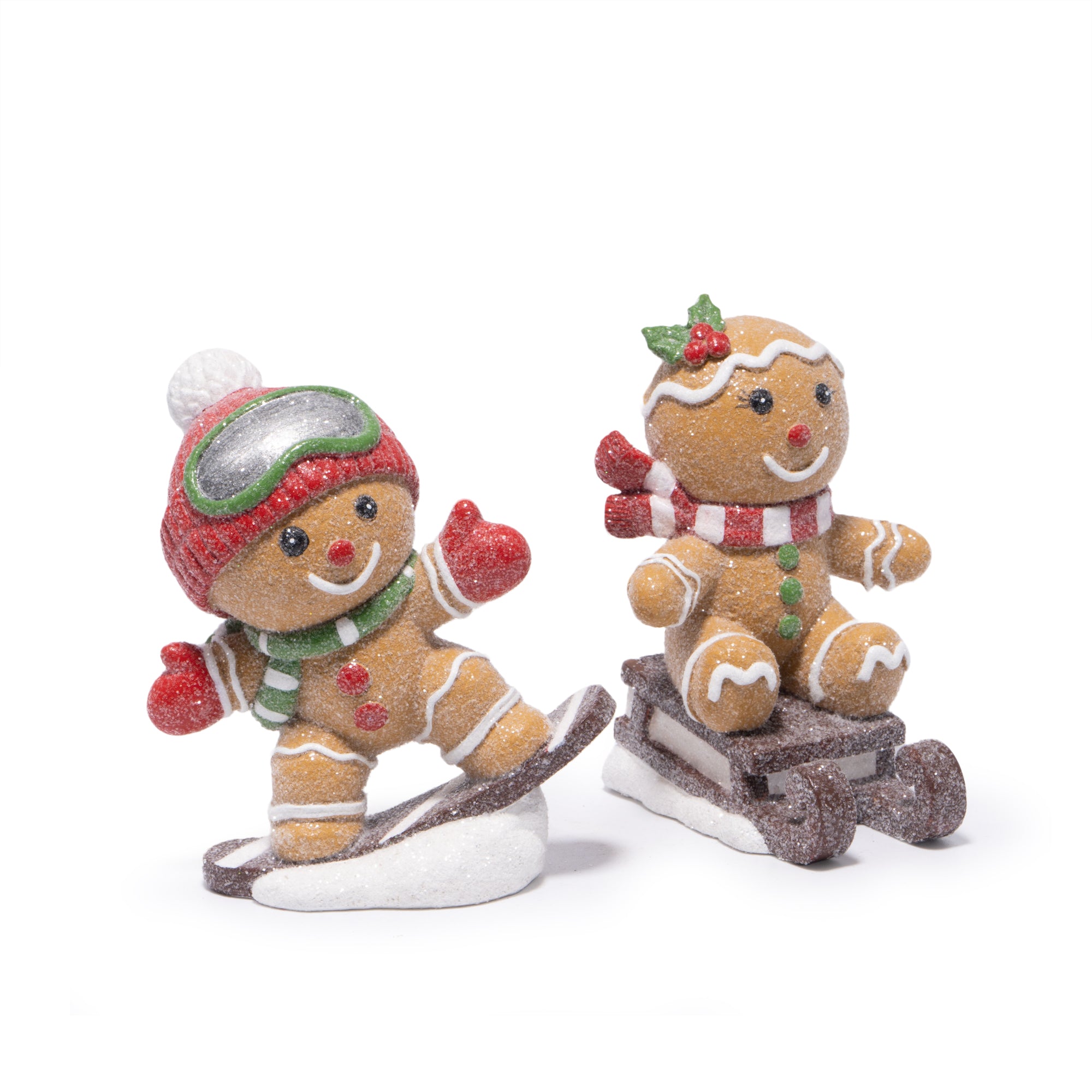 Hodao Gingerbread Ski & Sled Figurines – Hand-Painted Resin Christmas Ornaments, Glitter Candy Style, Indoor Winter Decor for Home, Bedroom, Shelf, Mantel, Tabletop, Cute 2-Piece Set