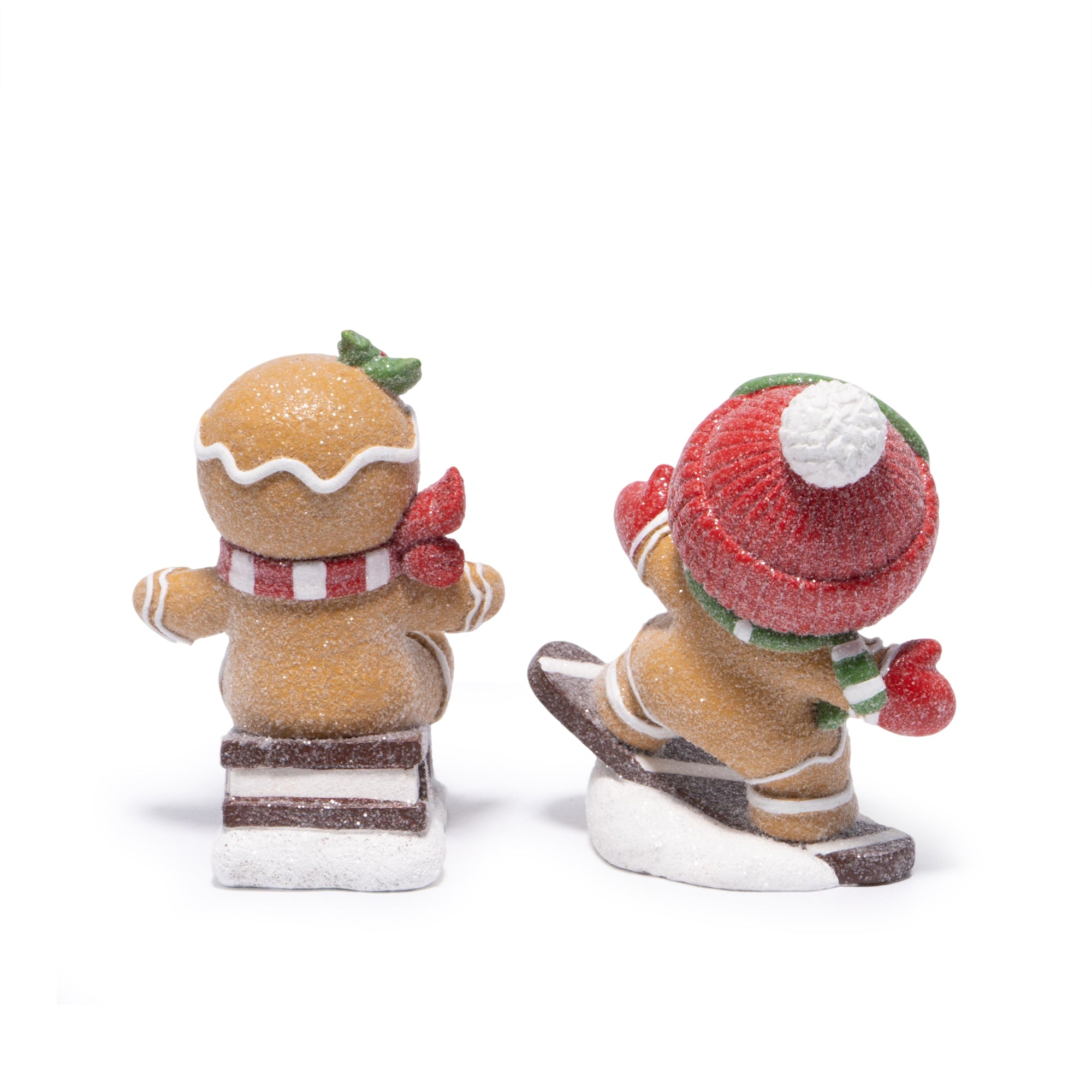 Hodao Gingerbread Ski & Sled Figurines – Hand-Painted Resin Christmas Ornaments, Glitter Candy Style, Indoor Winter Decor for Home, Bedroom, Shelf, Mantel, Tabletop, Cute 2-Piece Set