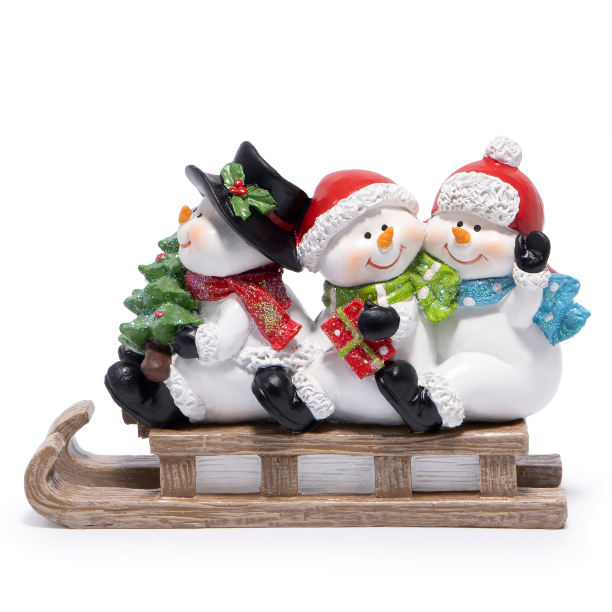 Hodao Christmas Snowman Sled Figurines, Resin Holiday Decorations with Three Snowmen, Winter Tabletop Ornaments, Festive Mantel and Tiered Tray Accents, for Family and Friends