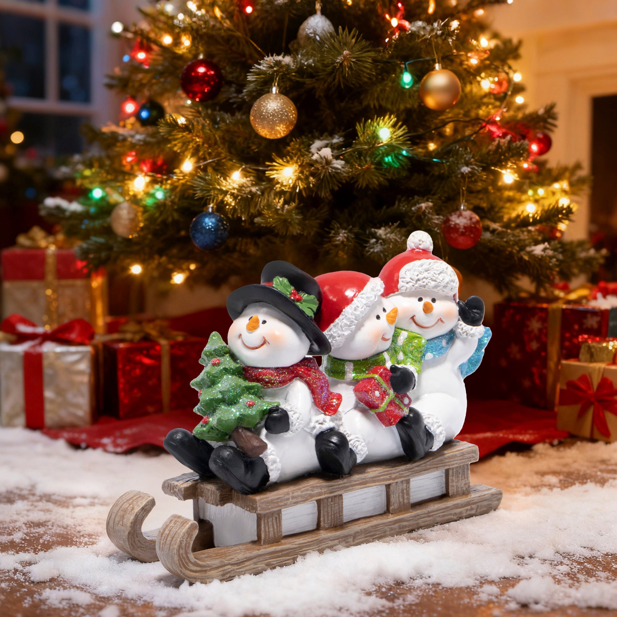 Hodao Christmas Snowman Sled Figurines, Resin Holiday Decorations with Three Snowmen, Winter Tabletop Ornaments, Festive Mantel and Tiered Tray Accents, for Family and Friends