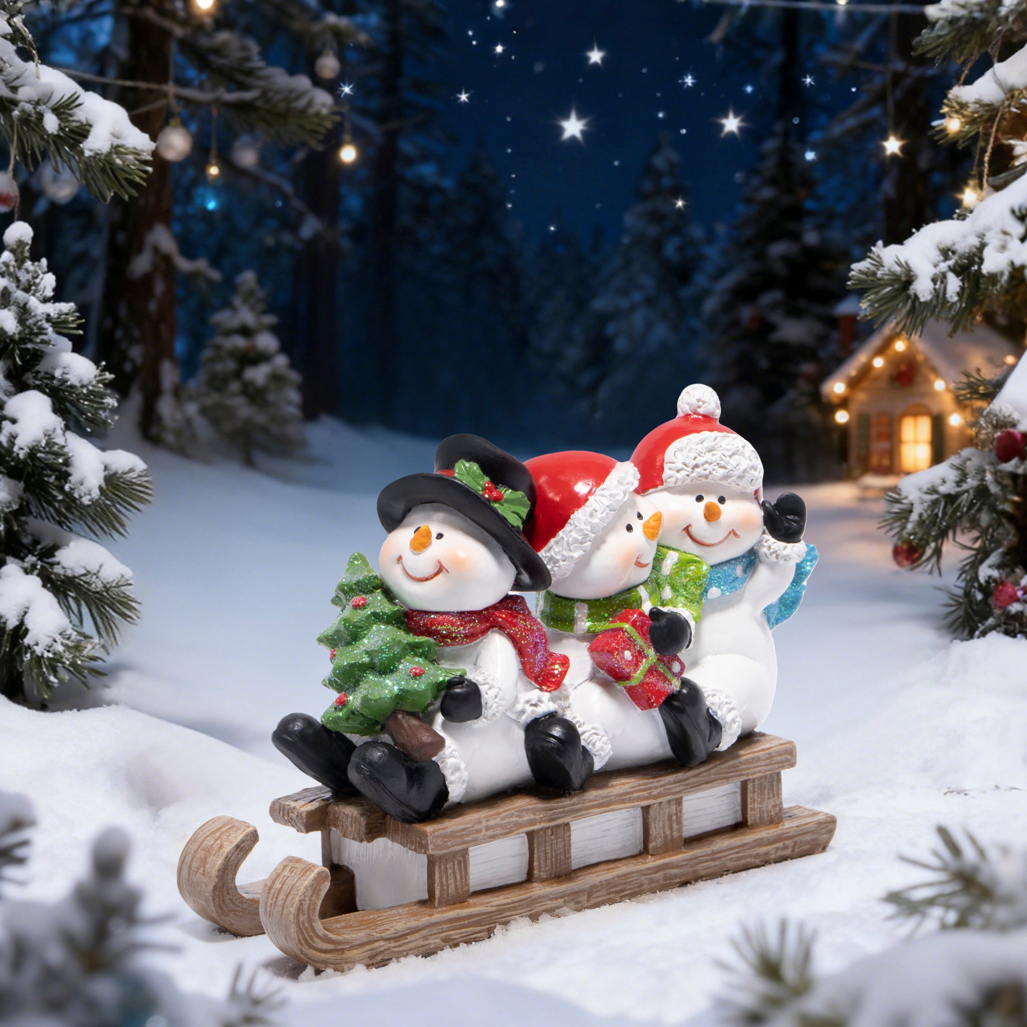 Hodao Christmas Snowman Sled Figurines, Resin Holiday Decorations with Three Snowmen, Winter Tabletop Ornaments, Festive Mantel and Tiered Tray Accents, for Family and Friends