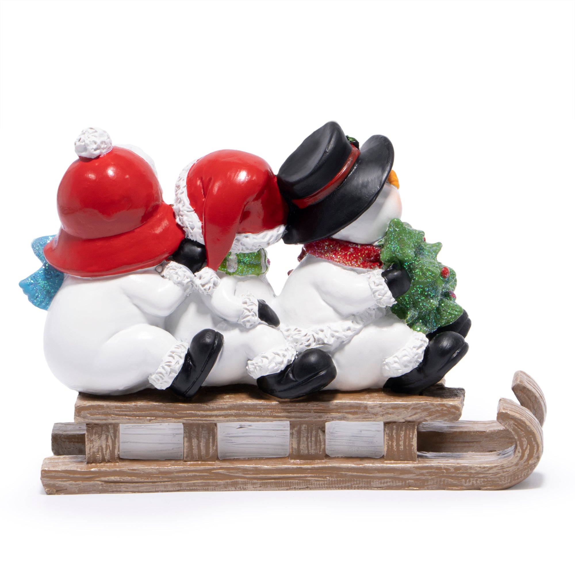 Hodao Christmas Snowman Sled Figurines, Resin Holiday Decorations with Three Snowmen, Winter Tabletop Ornaments, Festive Mantel and Tiered Tray Accents, for Family and Friends