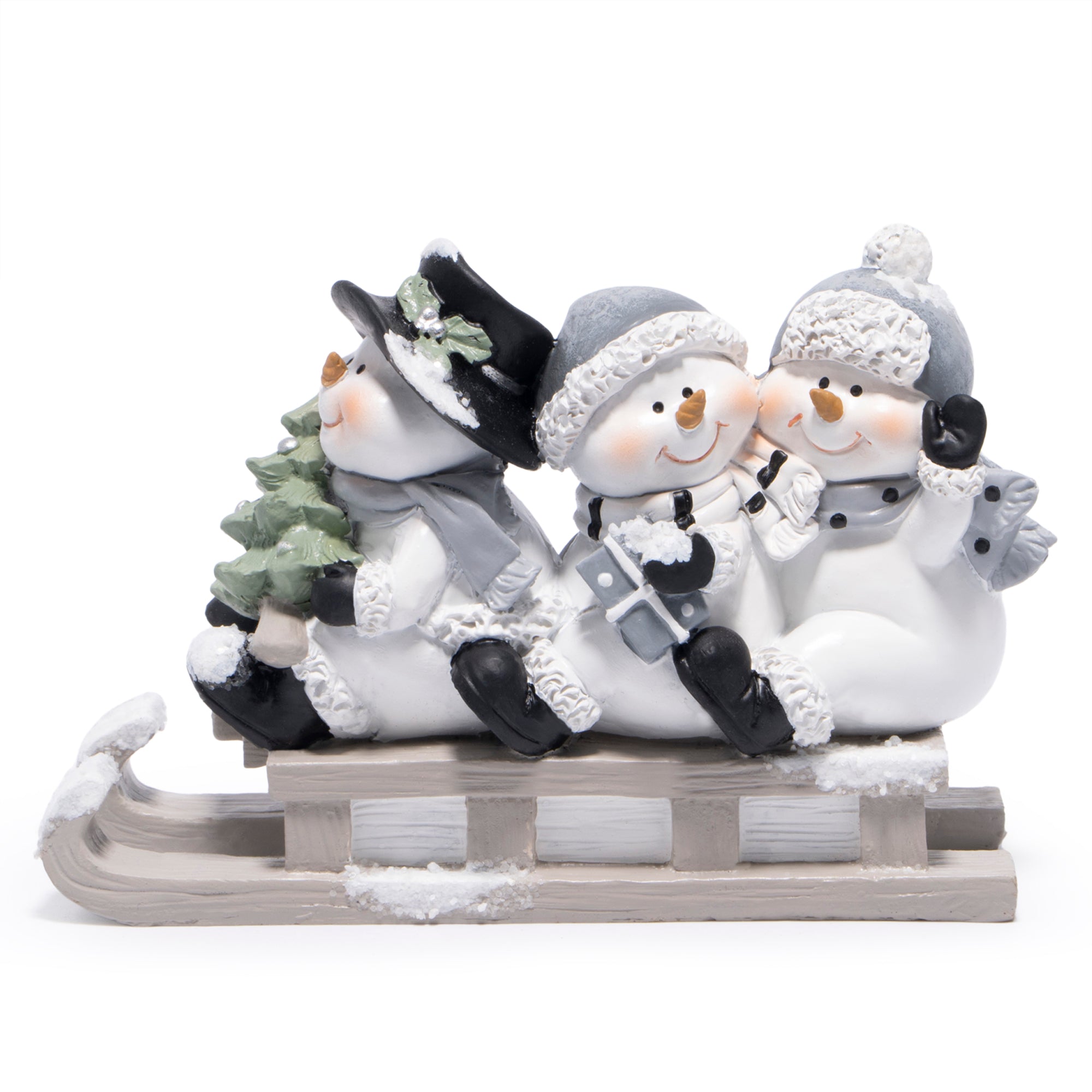 Hodao Christmas Snowman Sled Figurines, Resin Holiday Decorations with Three Snowmen, Winter Tabletop Ornaments, Festive Mantel and Tiered Tray Accents, for Family and Friends