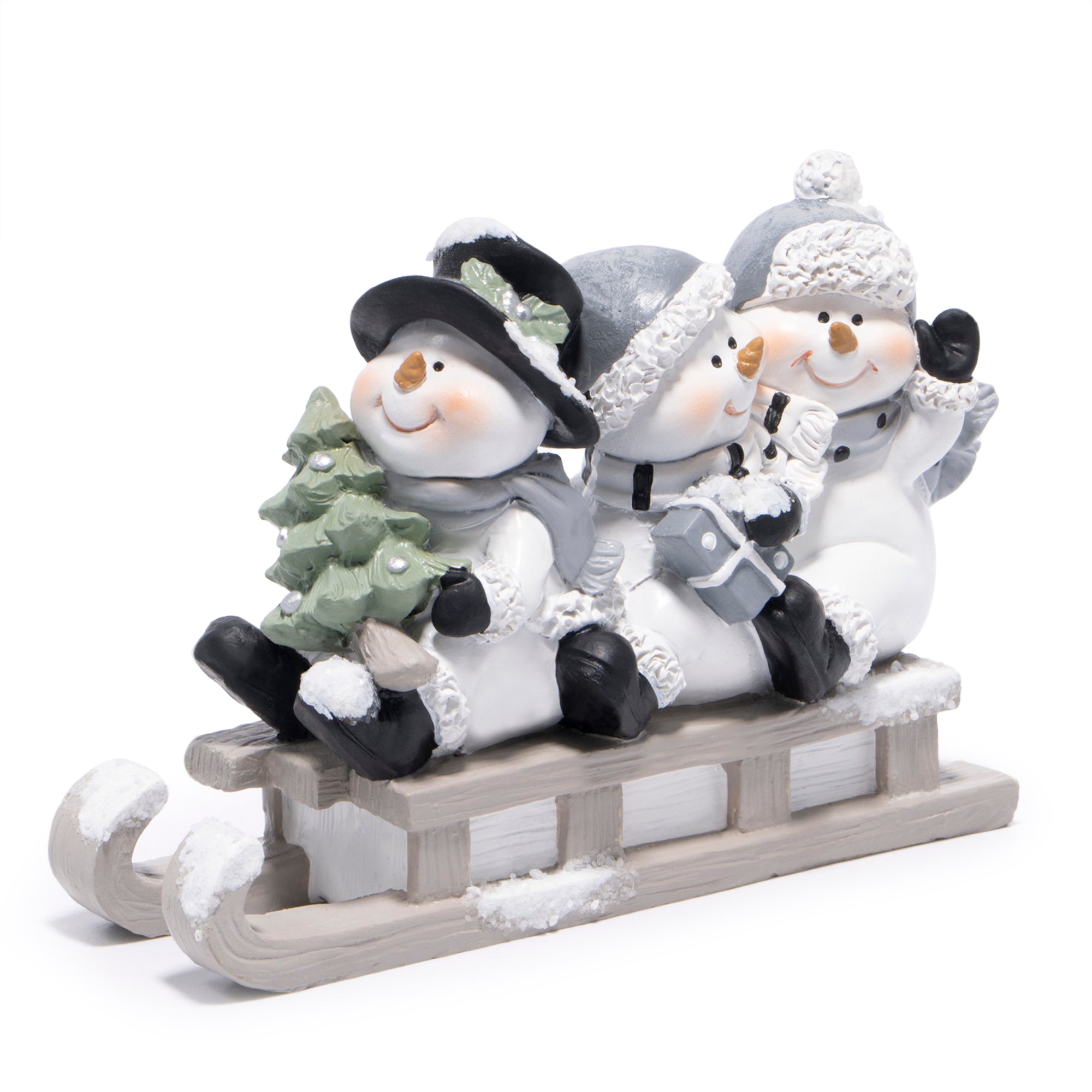 Hodao Christmas Snowman Sled Figurines, Resin Holiday Decorations with Three Snowmen, Winter Tabletop Ornaments, Festive Mantel and Tiered Tray Accents, for Family and Friends
