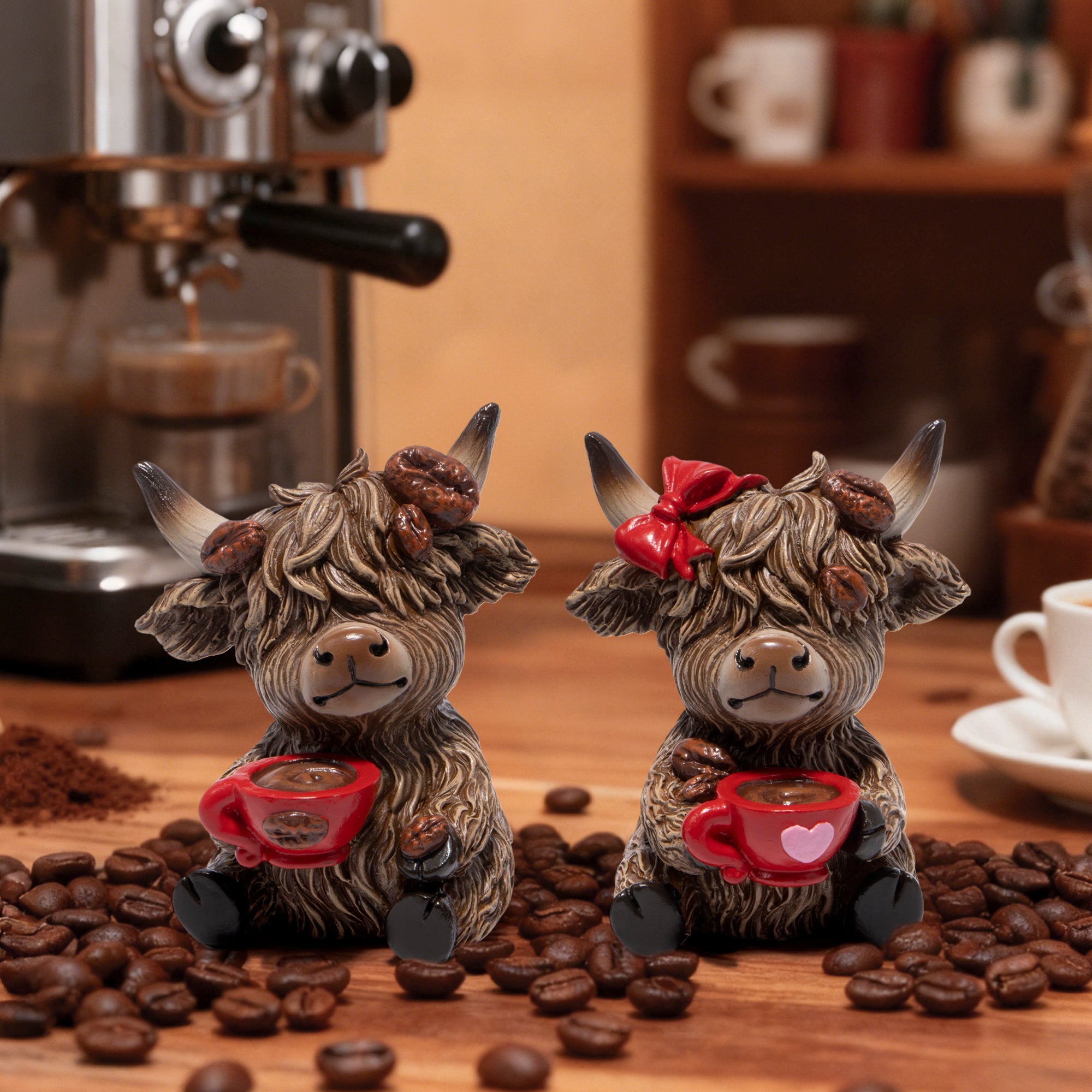 Hodao Christmas Highland Cow Coffee Resin Figurines, Autumn Farmhouse Decor for Tiered Tray, Tabletop, Mantel, Gift for Fall Thanksgiving Home Decoration