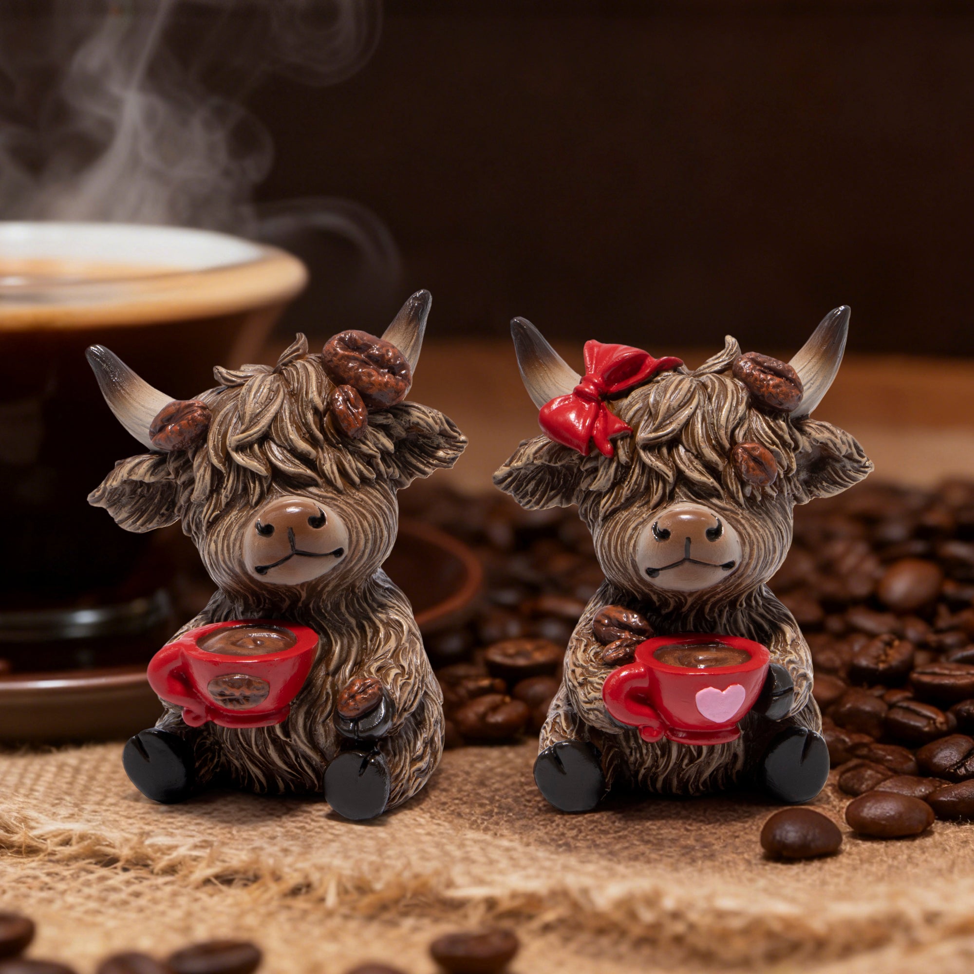 Hodao Christmas Highland Cow Coffee Resin Figurines, Autumn Farmhouse Decor for Tiered Tray, Tabletop, Mantel, Gift for Fall Thanksgiving Home Decoration