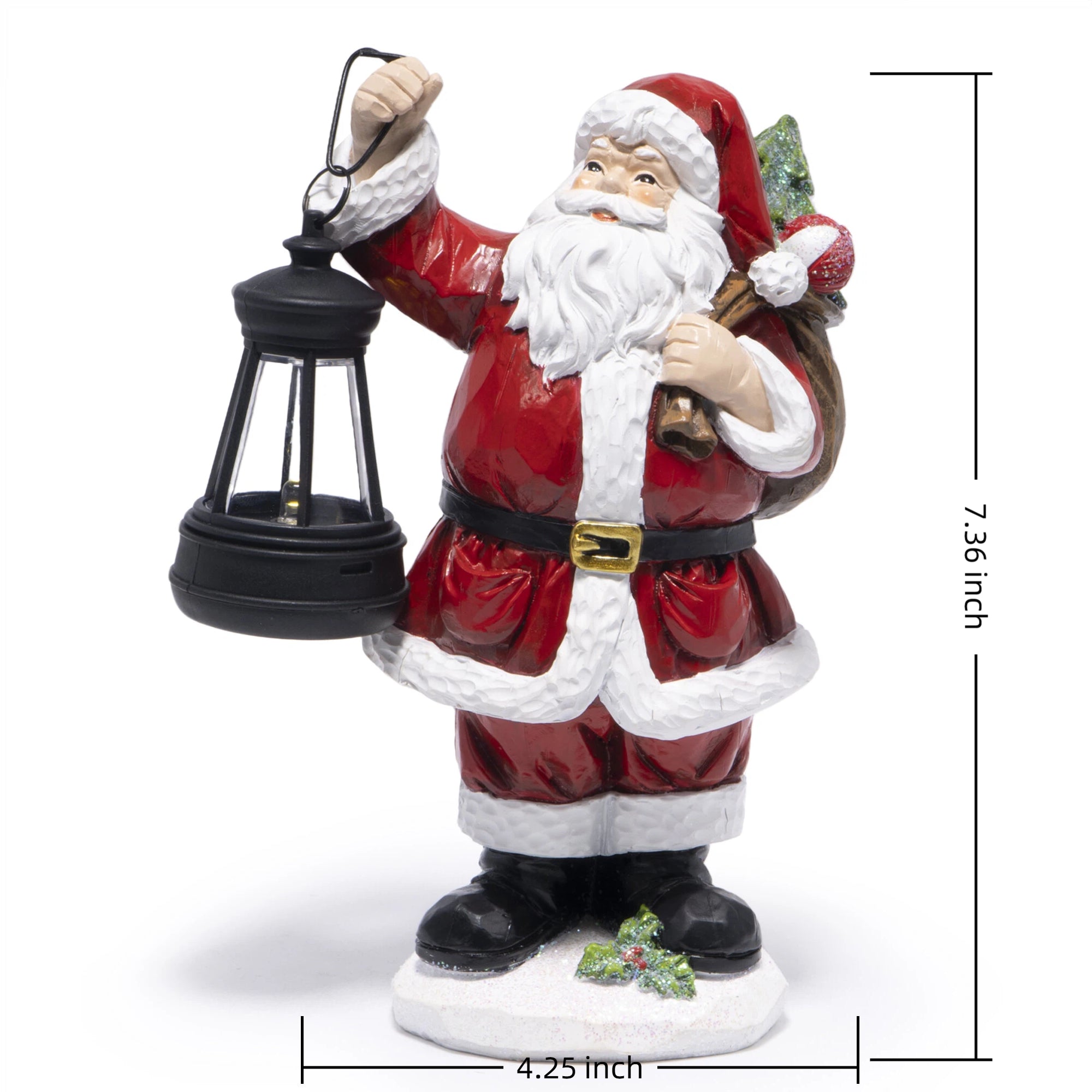 Hodao Christmas Santa Figurine with Lantern, Hand-Painted Resin Santa Claus Statue Holding Gift Bag, Holiday Tabletop Decoration for Home, Mantel, Shelf, Décor Accent