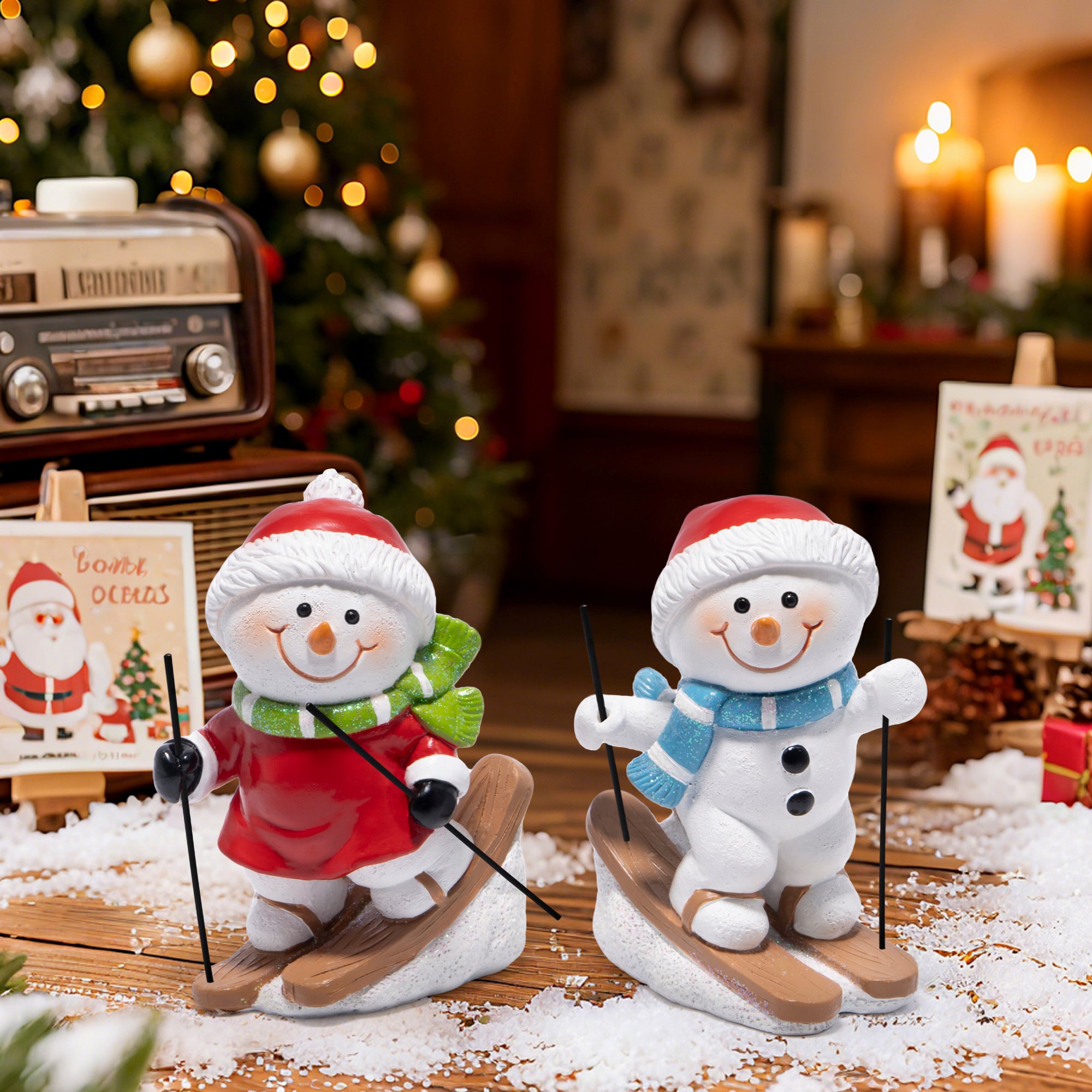 Hodao Christmas Snowman Skiing Figurines in Gray, Resin Winter Decorations for Holiday Home, Neutral Tabletop Ornaments, Festive Mantel and Tiered Tray Accents, for Family and Friends