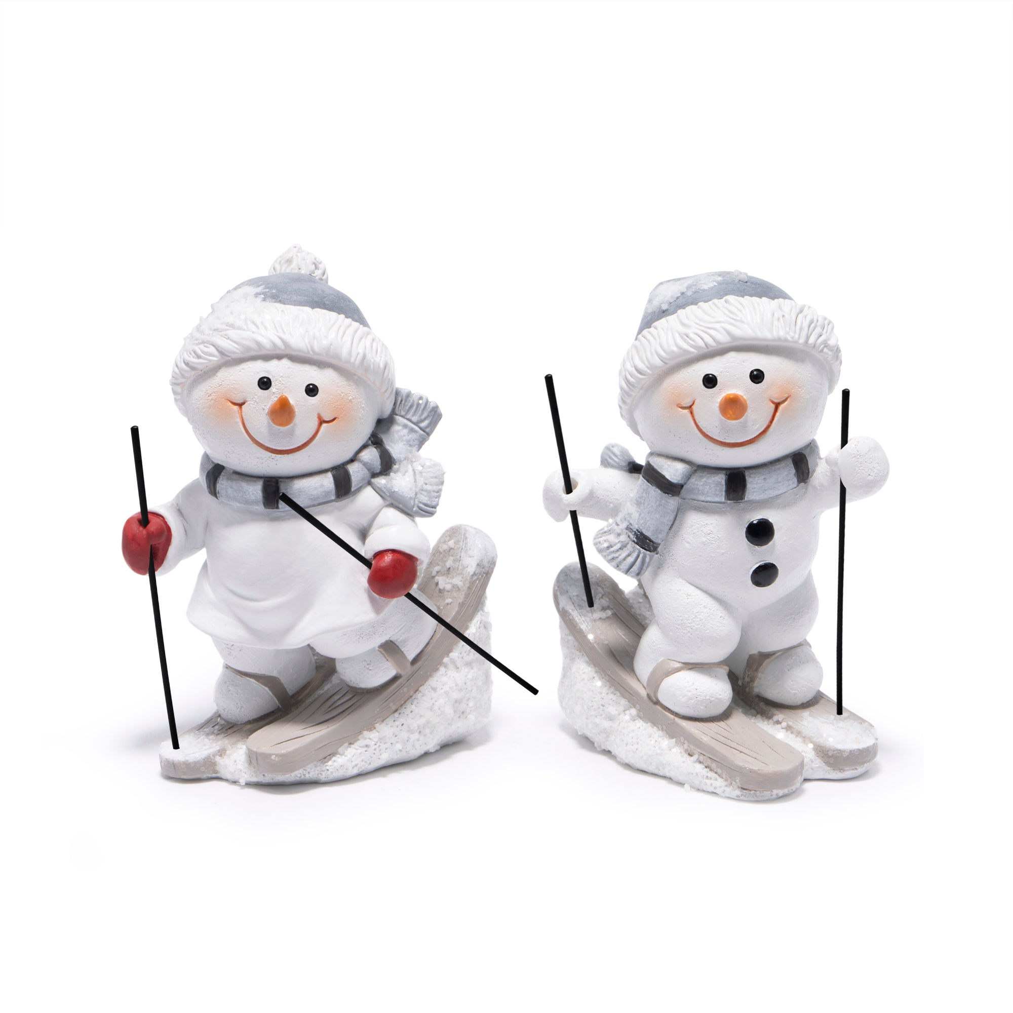 Hodao Christmas Snowman Skiing Figurines in Gray, Resin Winter Decorations for Holiday Home, Neutral Tabletop Ornaments, Festive Mantel and Tiered Tray Accents, for Family and Friends