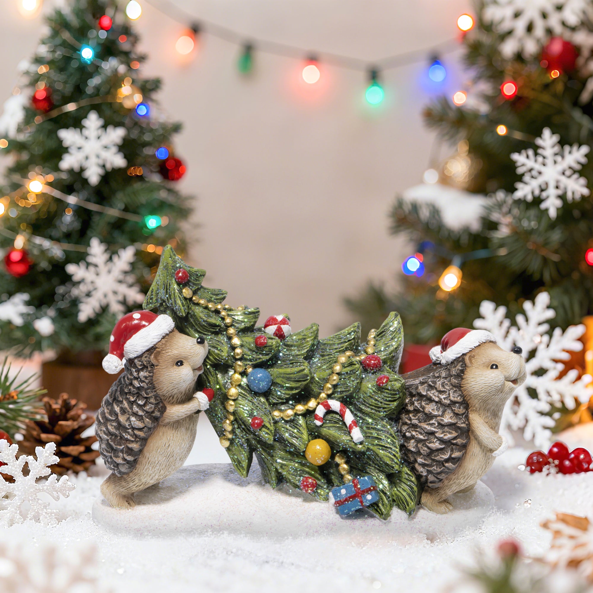 Hodao Christmas Hedgehog Figurines Decorations – Resin Hedgehog Carrying Christmas Tree Ornaments with Santa Hats, Hand-Painted Winter Decor for Indoor Home, Bedroom, Shelf, Tabletop, and Gift Display